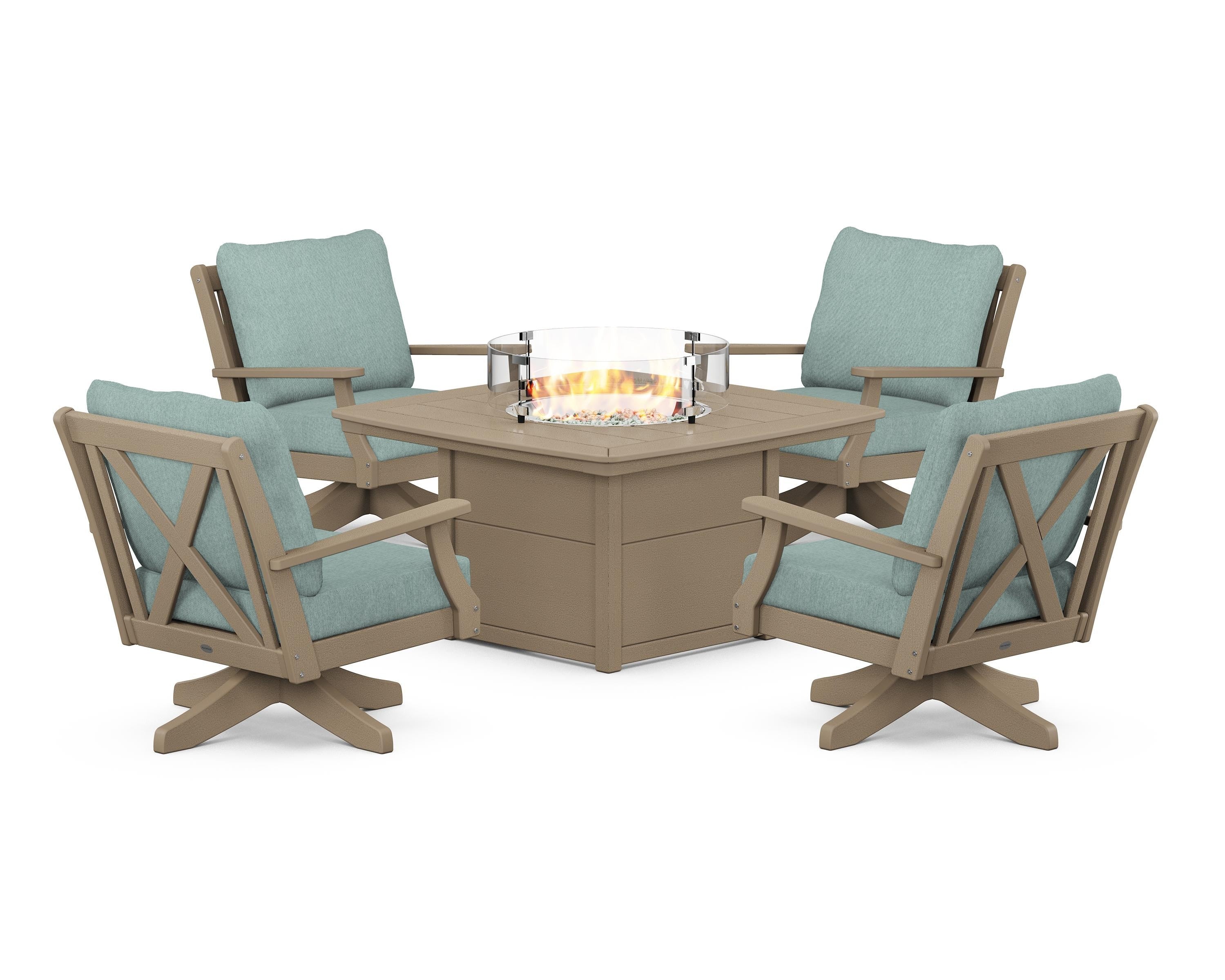POLYWOOD Braxton 5-Piece Deep Seating Swivel Conversation Set with Fire Pit Table in Vintage Sahara / Glacier Spa