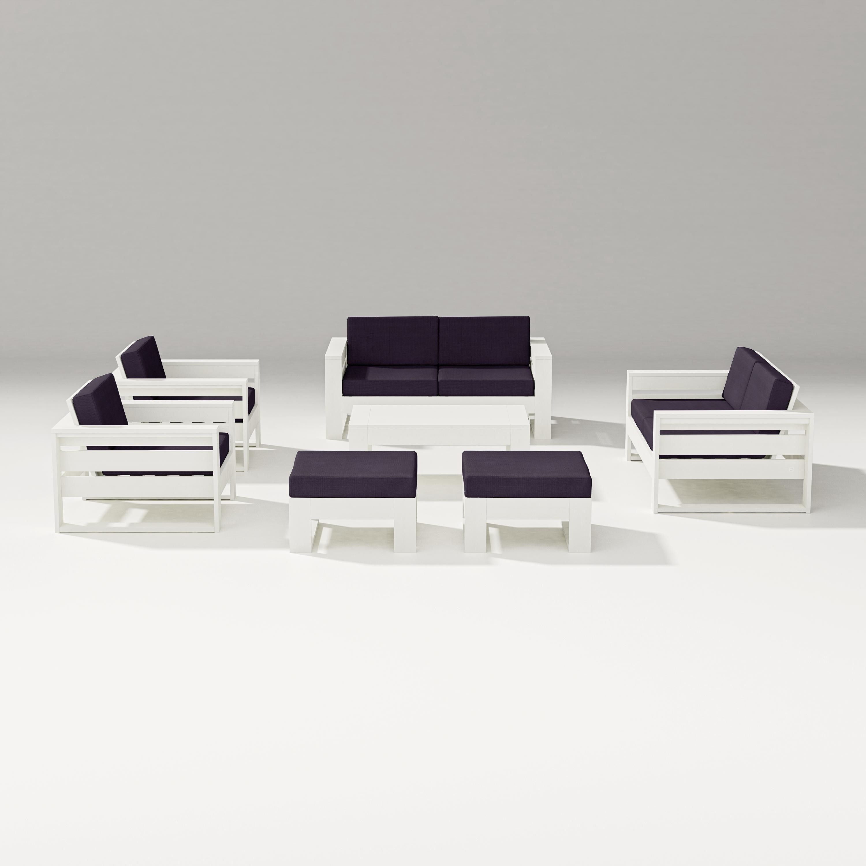 PW Designer Series Latitude 7-Piece Lounge Loveseat Set in Vintage White / Navy Linen