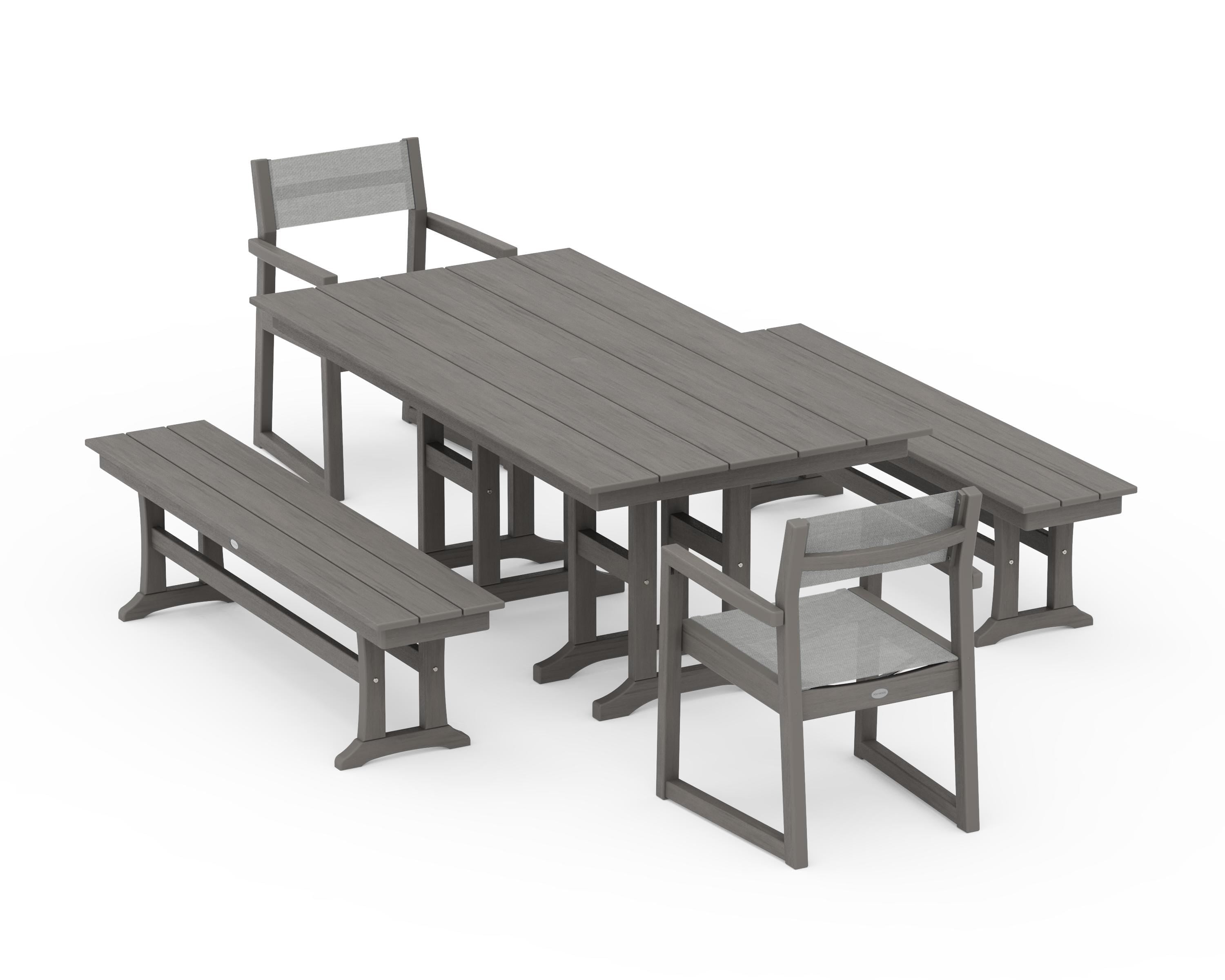 POLYWOOD EDGE Sling Arm Chair 5-Piece Farmhouse Dining Set with Benches in Driftwood / Metallic Sling