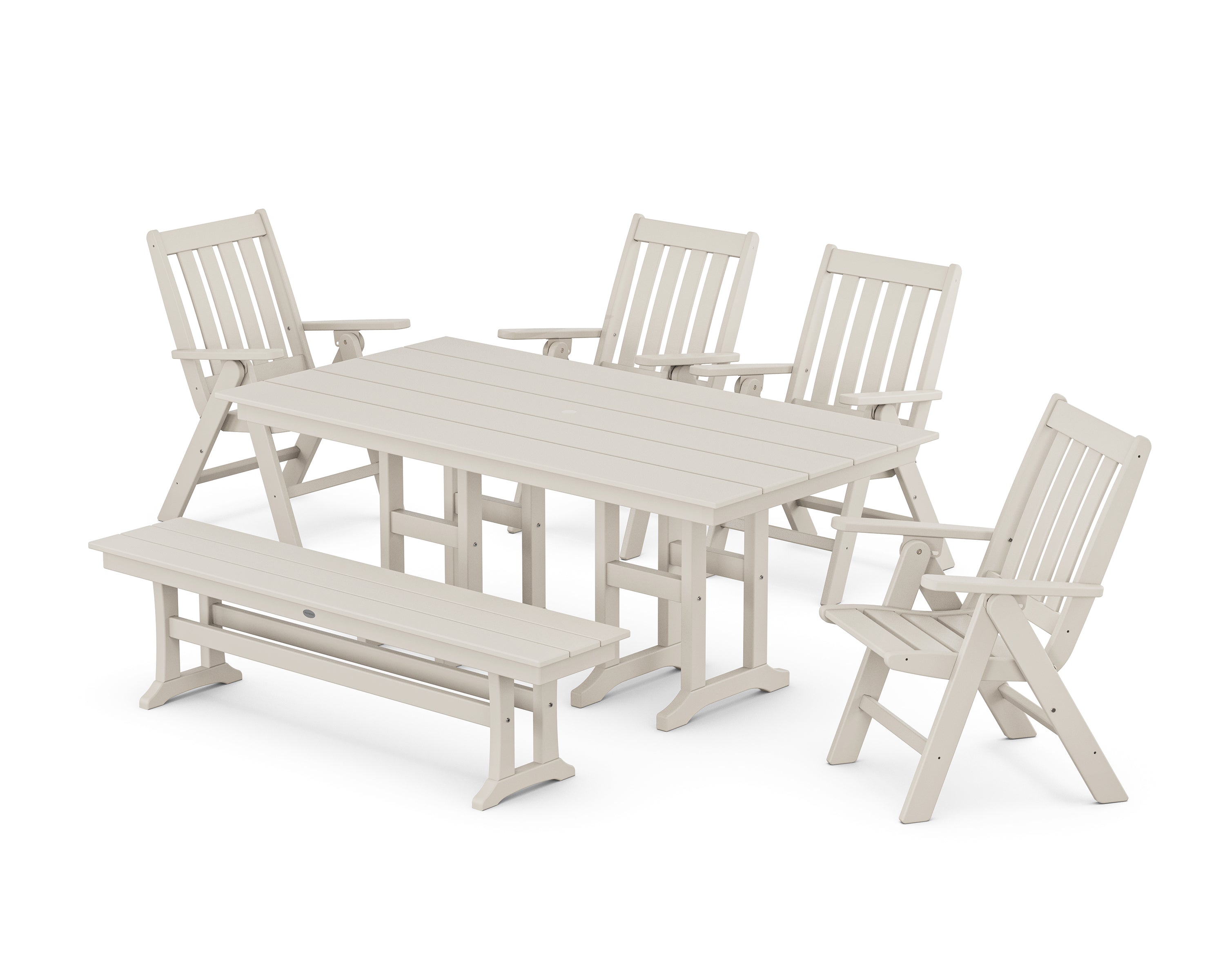 POLYWOOD Vineyard Folding Chair 6-Piece Farmhouse Dining Set with Bench in Sand