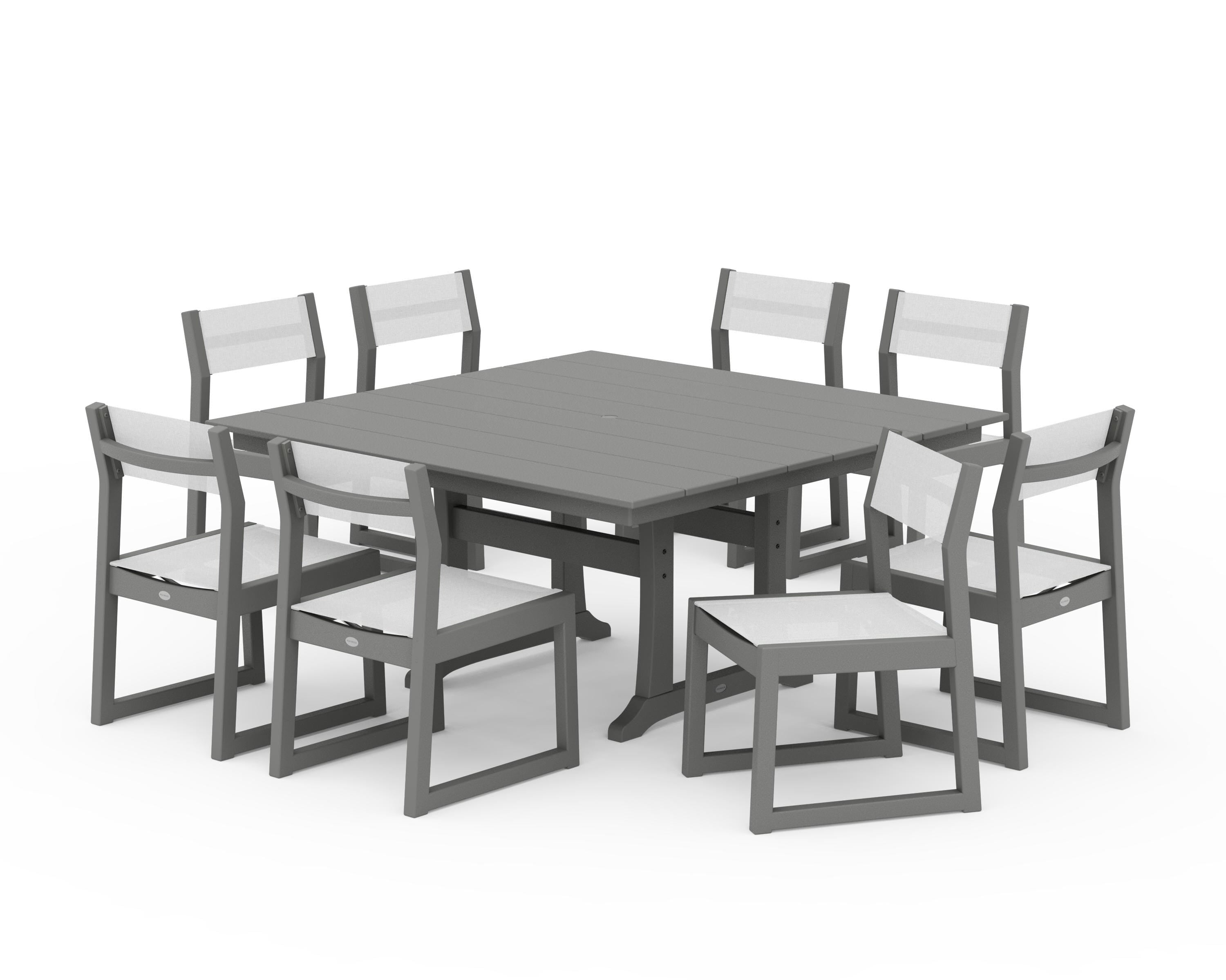 POLYWOOD EDGE Sling Side Chair 9-Piece Farmhouse Trestle Dining Set in Slate Grey / White Sling