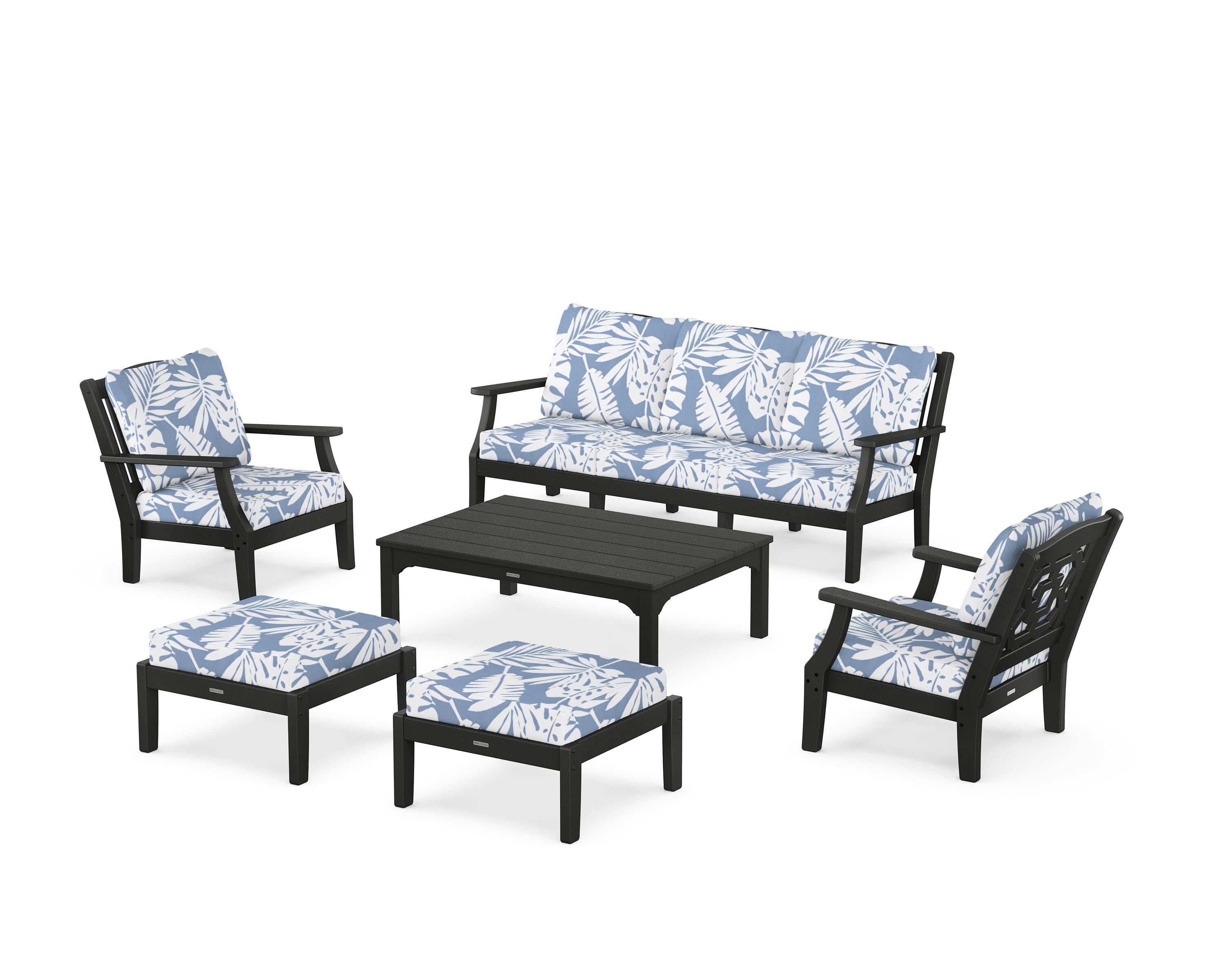 Martha Stewart by POLYWOOD Chinoiserie 6-Piece Lounge Sofa Set in Black / Leaf Sky Blue