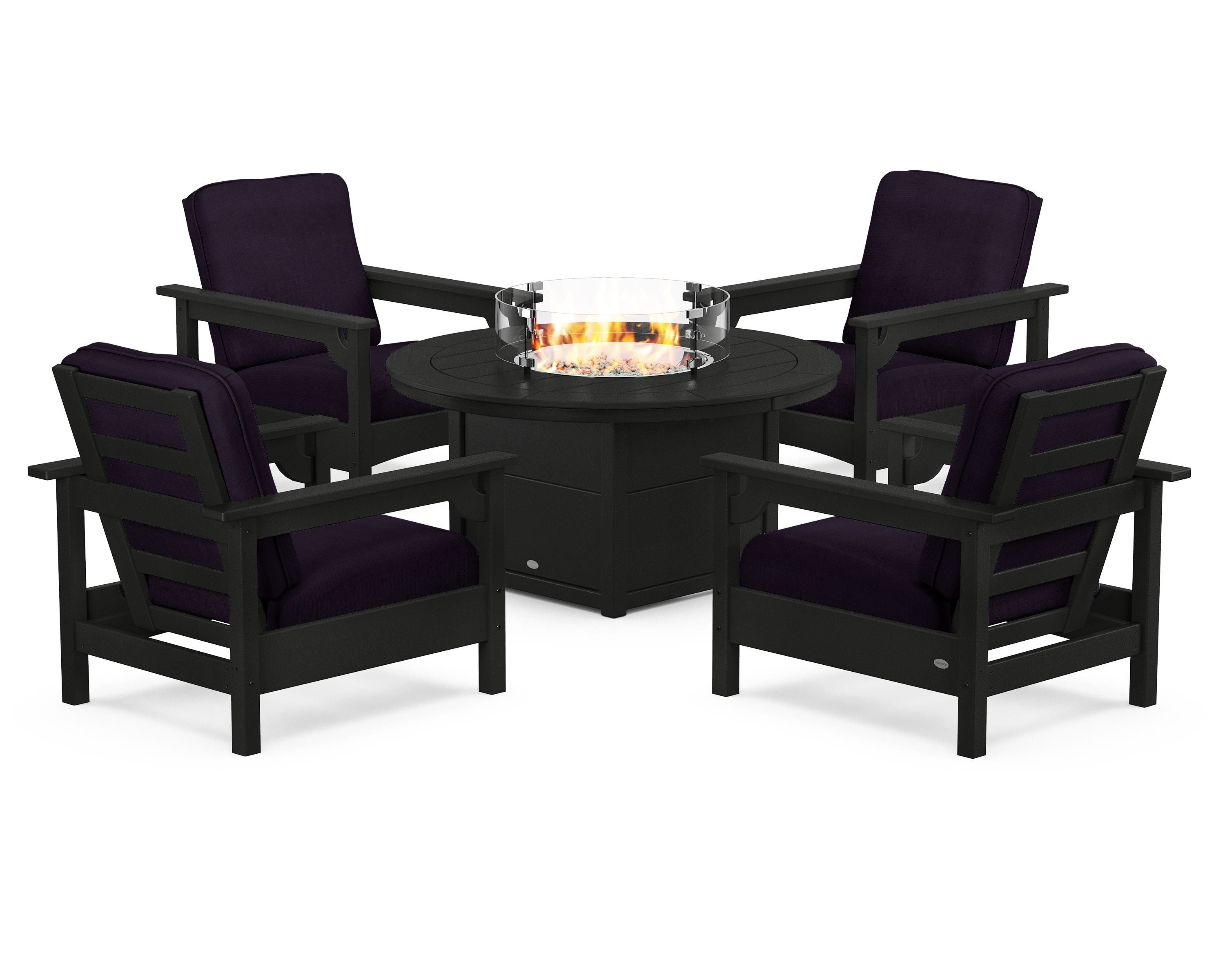 POLYWOOD Club 5-Piece Conversation Set with Fire Pit Table in Black / Navy Linen