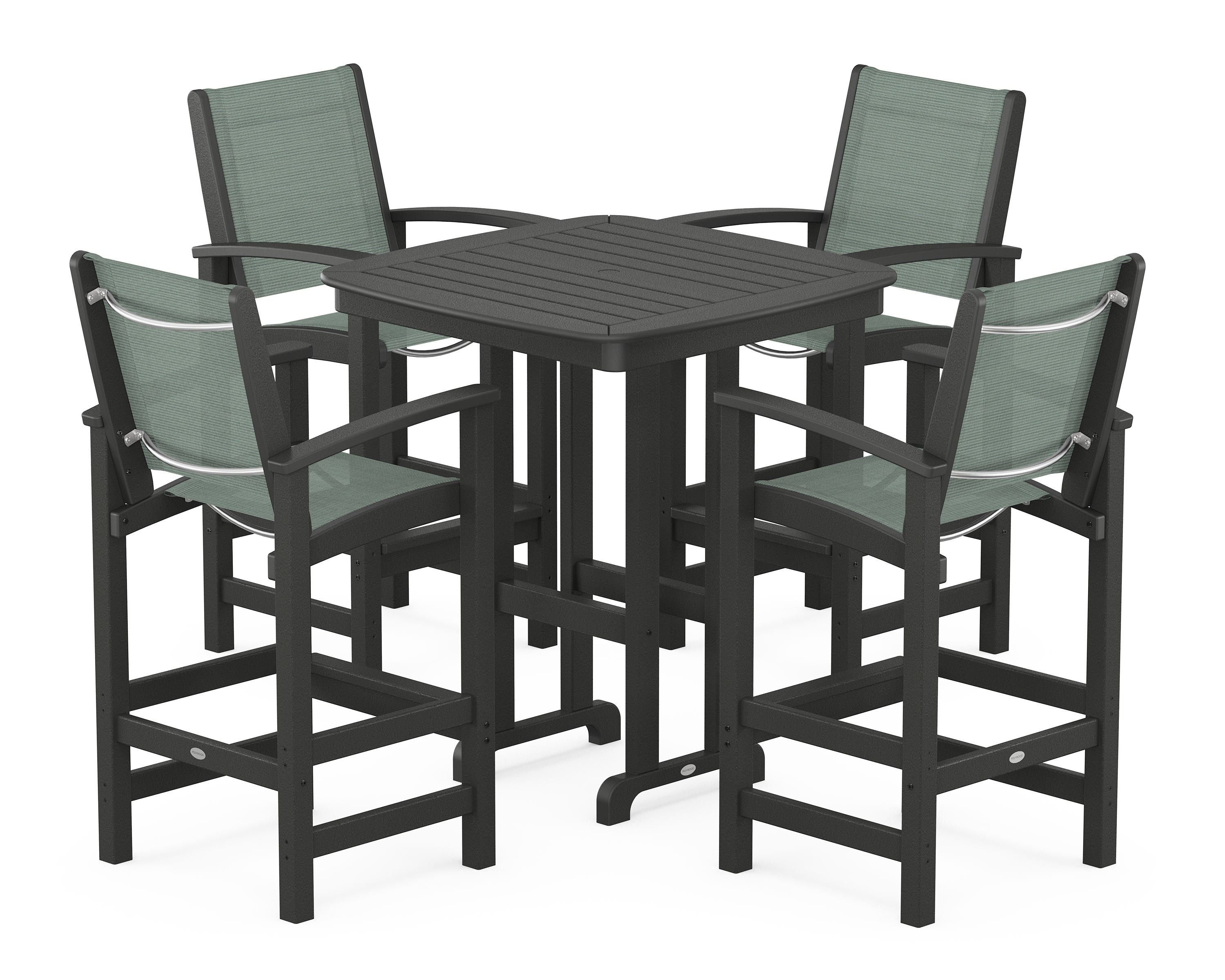 POLYWOOD Coastal 5-Piece Bar Set in Black / Dupioni Sea Mist Sling