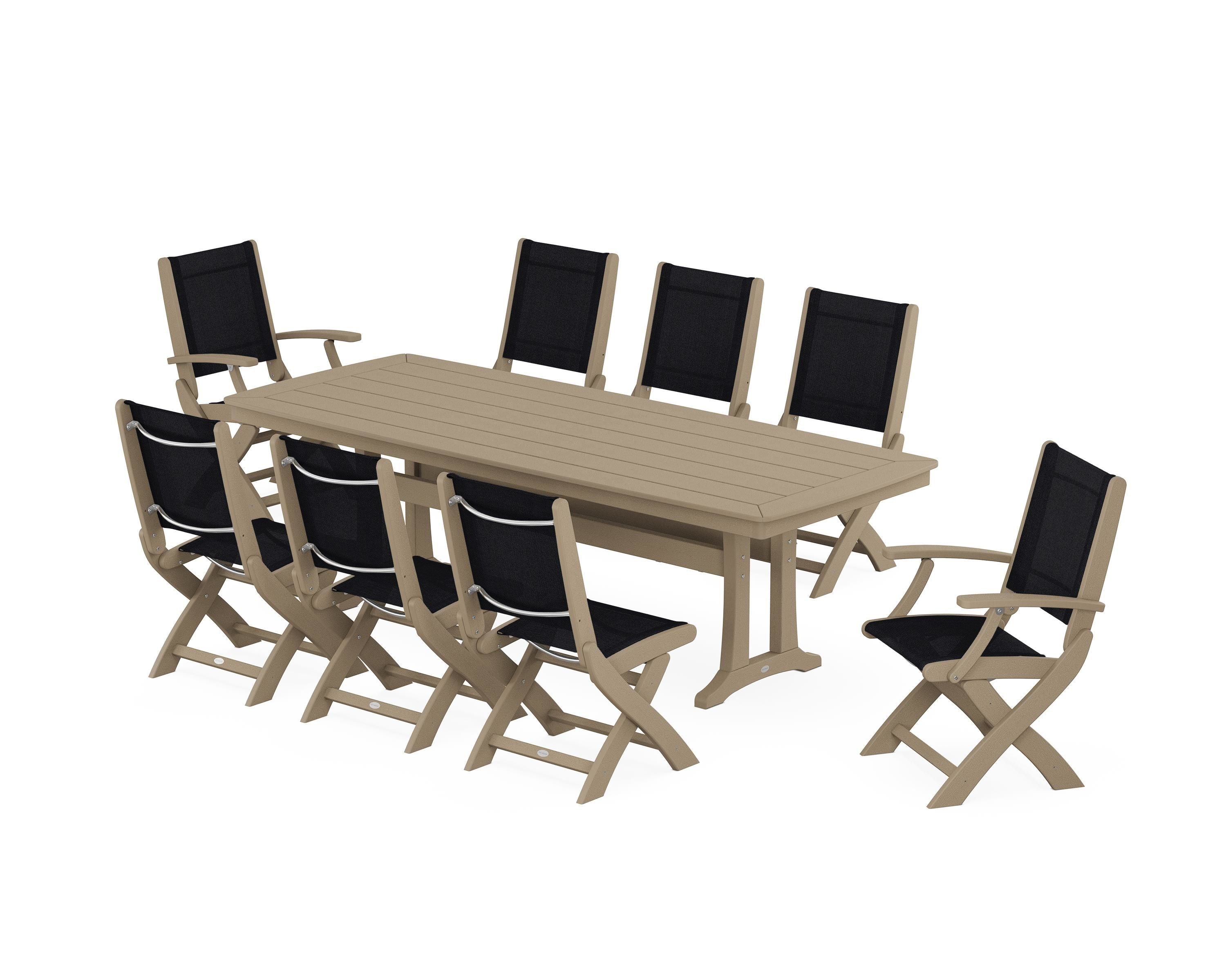 POLYWOOD Coastal Folding 9-Piece Dining Set with Trestle Legs in Vintage Sahara / Black Sling