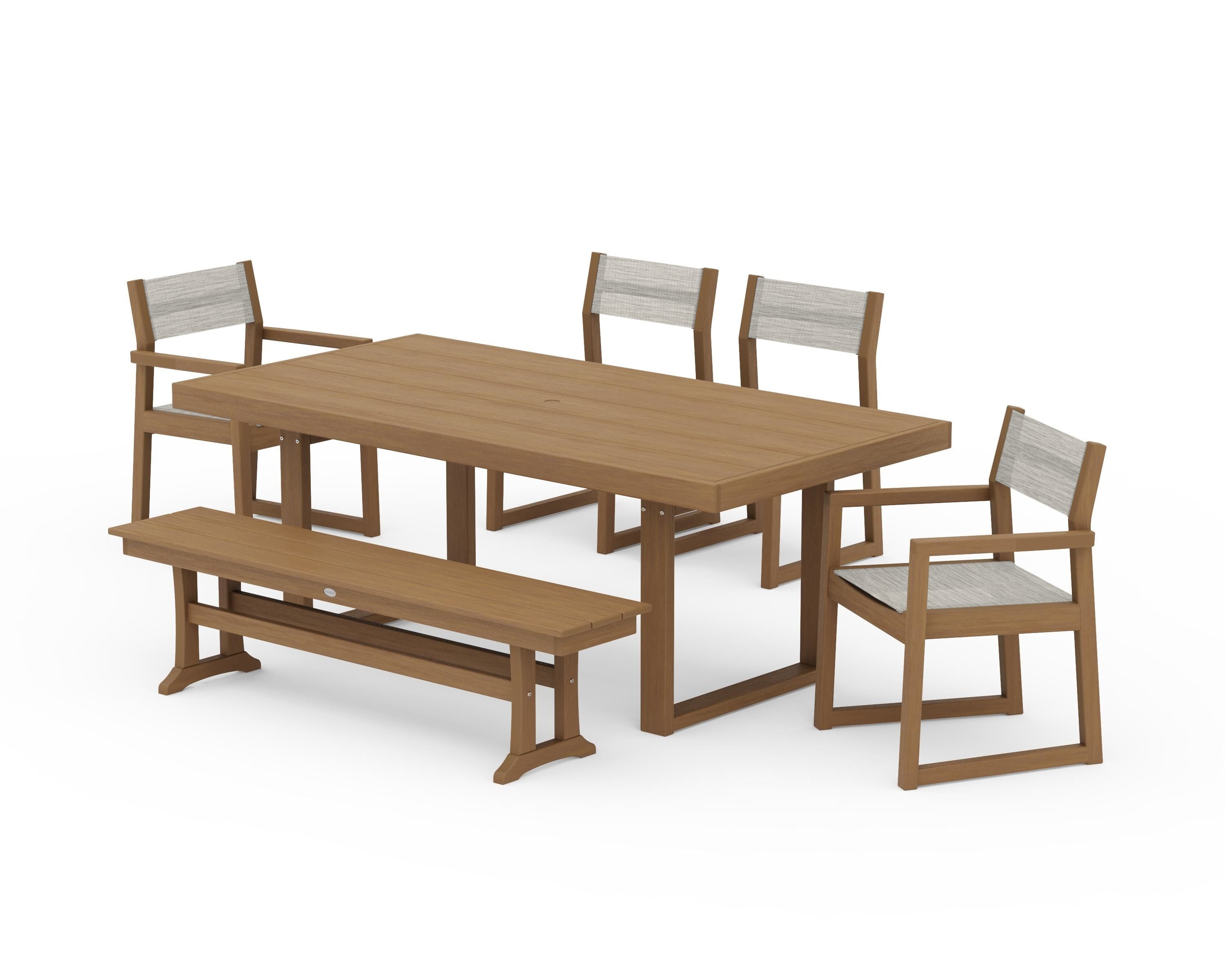 POLYWOOD EDGE Sling 6-Piece Dining Set with Bench in Natural / Birch Sling