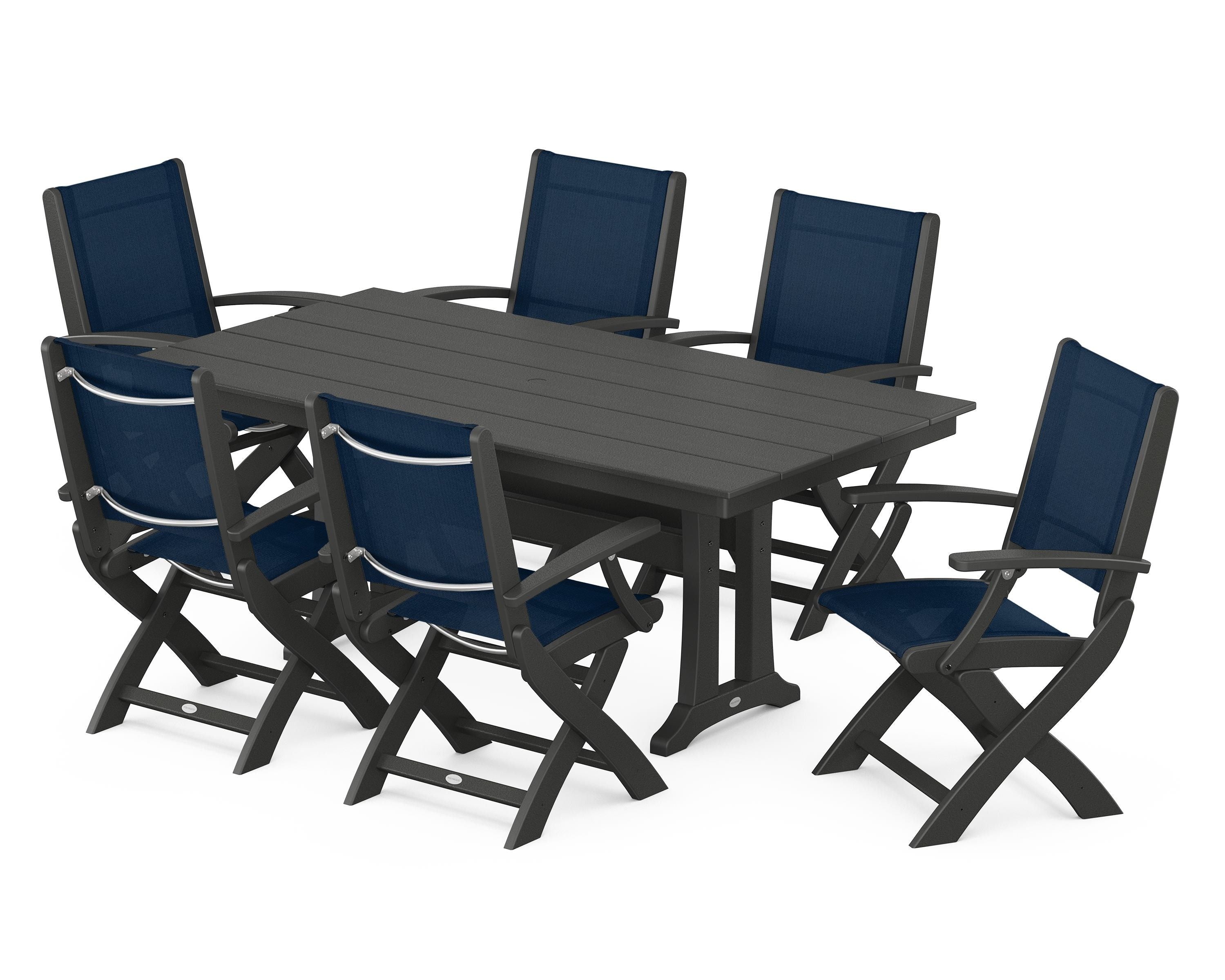 POLYWOOD Coastal Folding Arm Chair 7-Piece Farmhouse Dining Set with Trestle Legs in Black / Navy Blue Sling