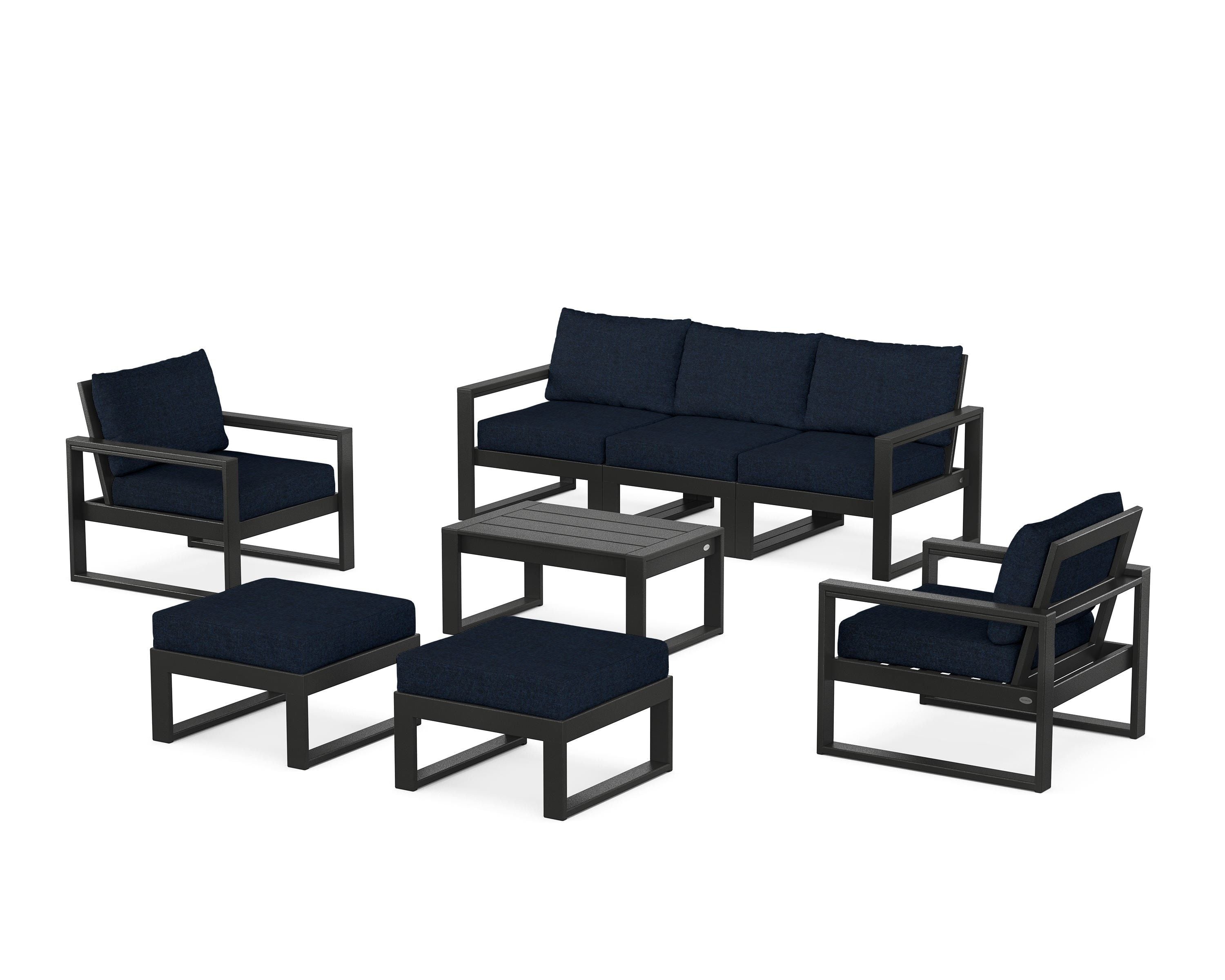POLYWOOD EDGE Sectional 8-Piece Lounge Sofa Set in Black / Marine Indigo