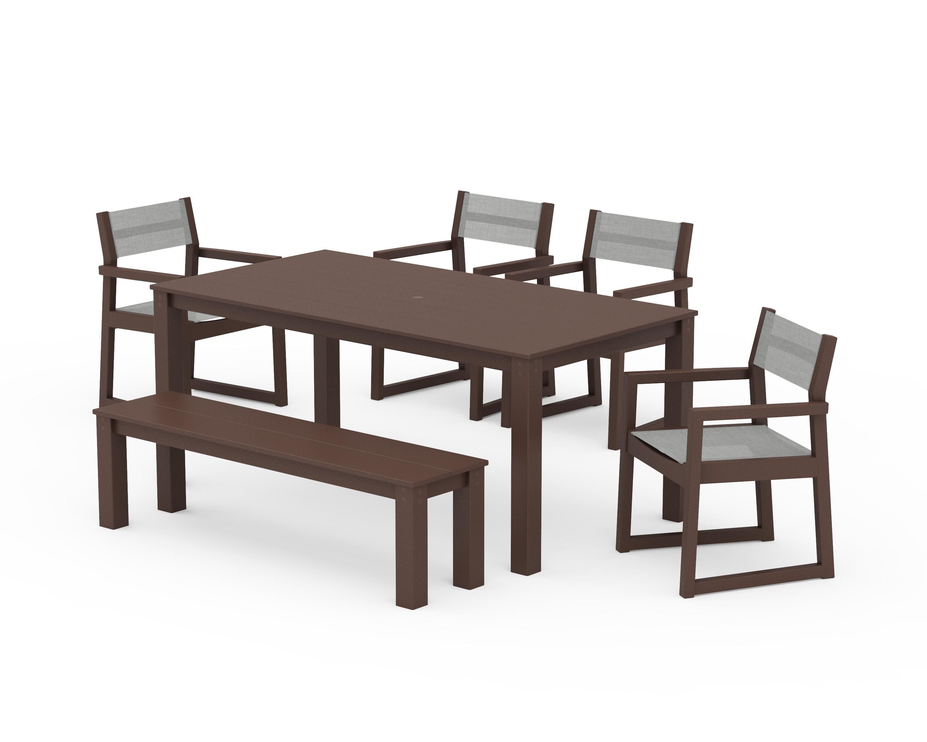 POLYWOOD EDGE Sling Arm Chair 6-Piece Parsons Dining Set with Bench in Mahogany / Metallic Sling