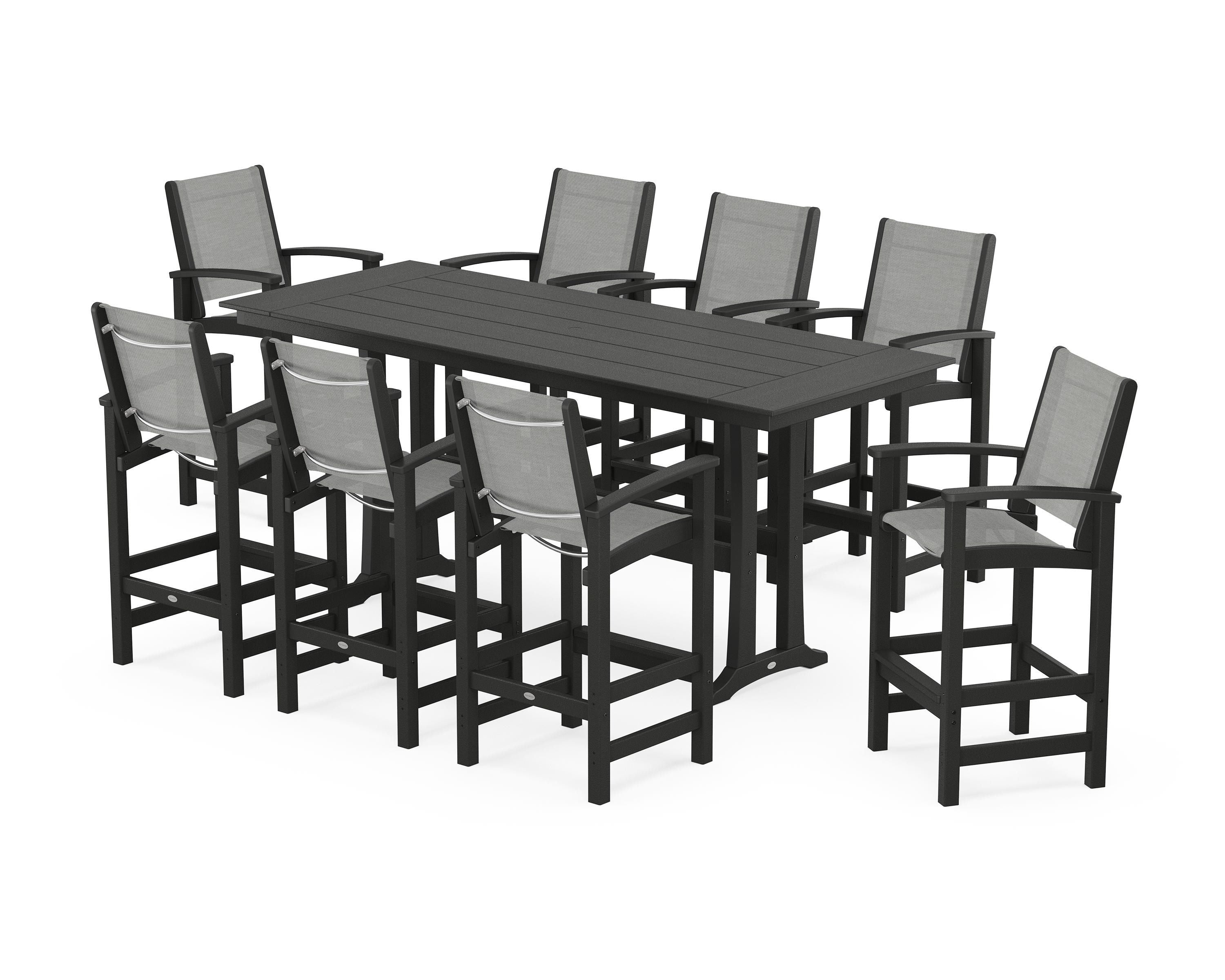 POLYWOOD Coastal 9-Piece Farmhouse Bar Set with Trestle Legs in Black / Metallic Sling