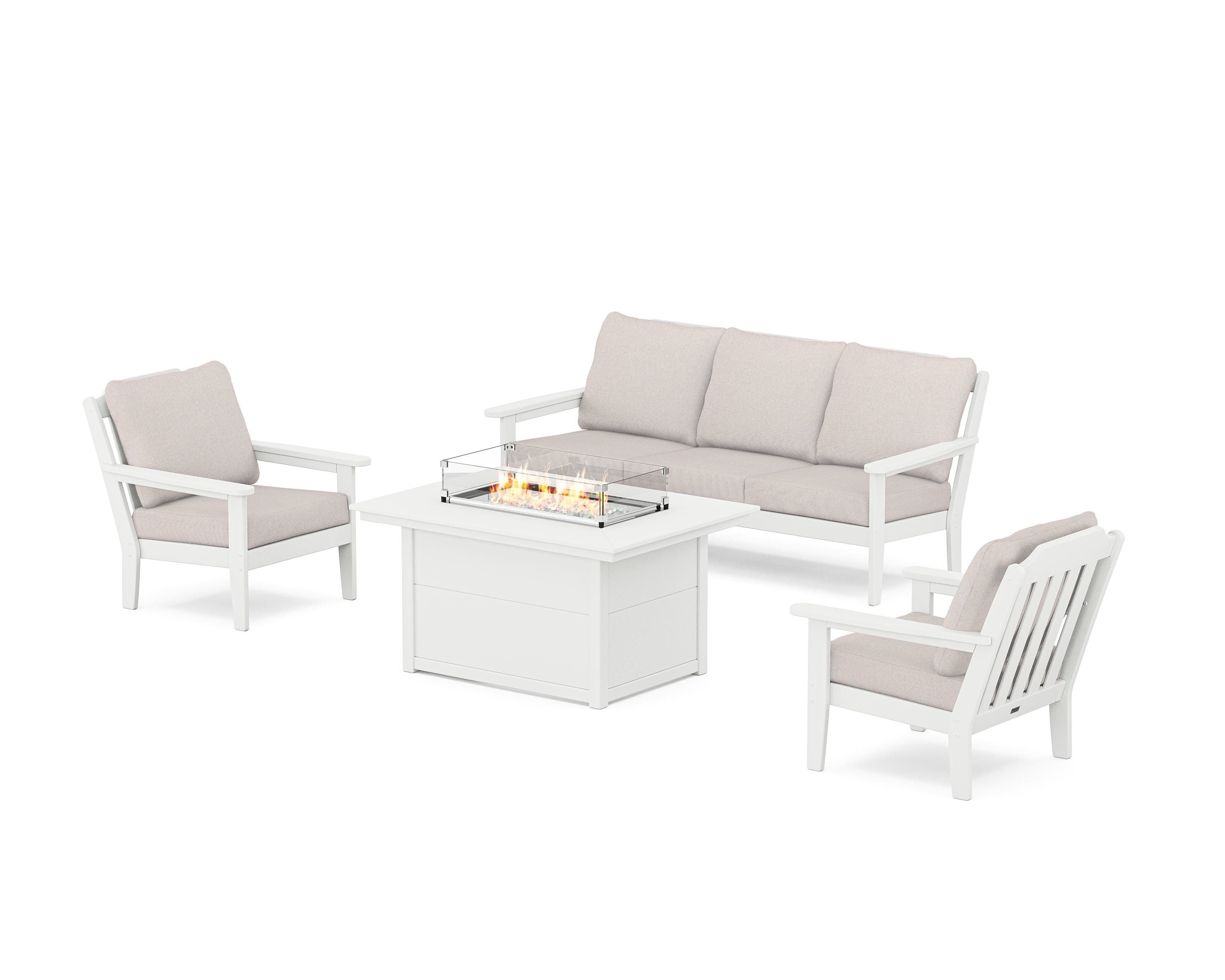 Country Living Cottage Deep Seating Fire Pit Table Set in White / Dune Burlap