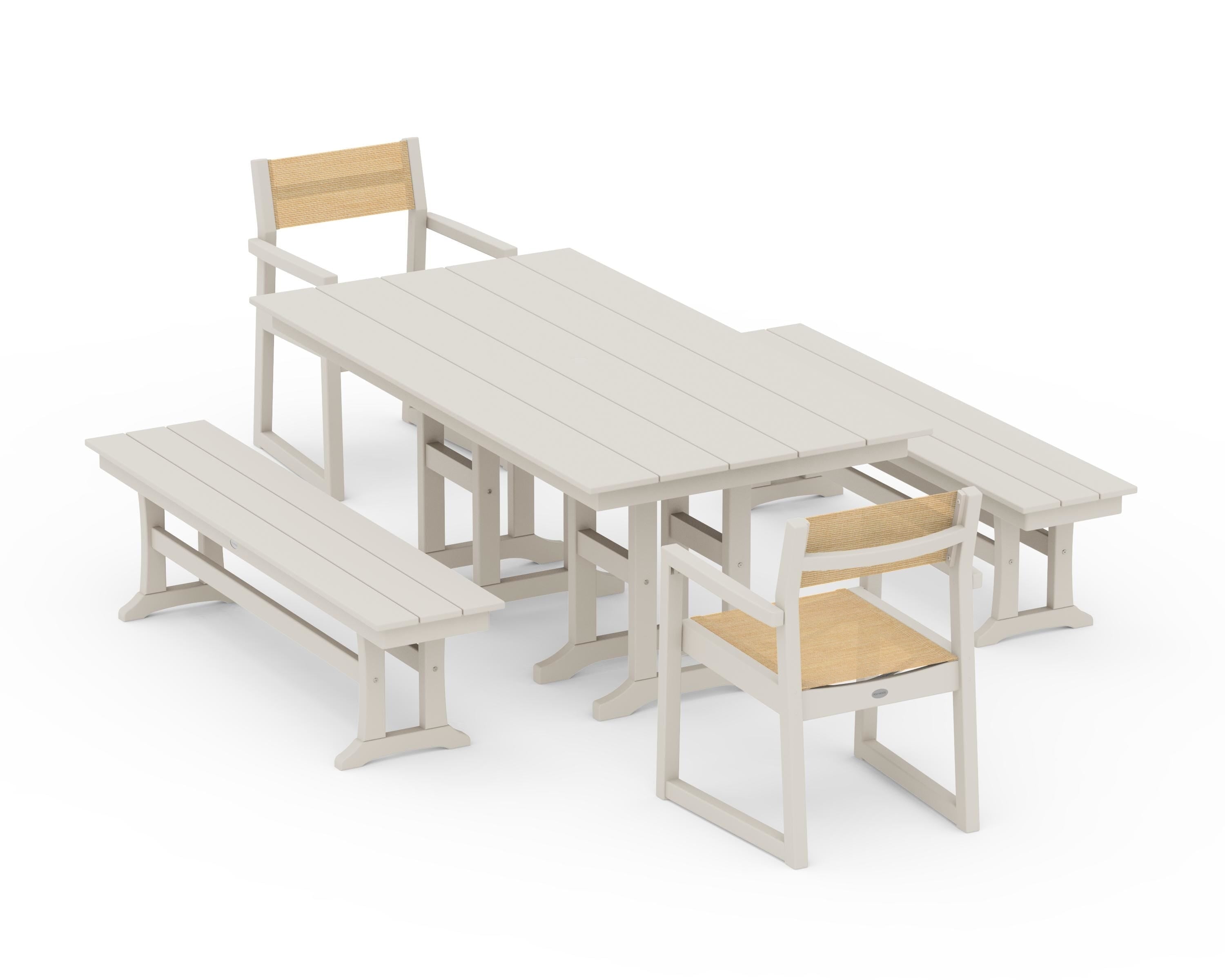 POLYWOOD EDGE Sling Arm Chair 5-Piece Farmhouse Dining Set with Benches in Sand / Dupioni Apricot Sling