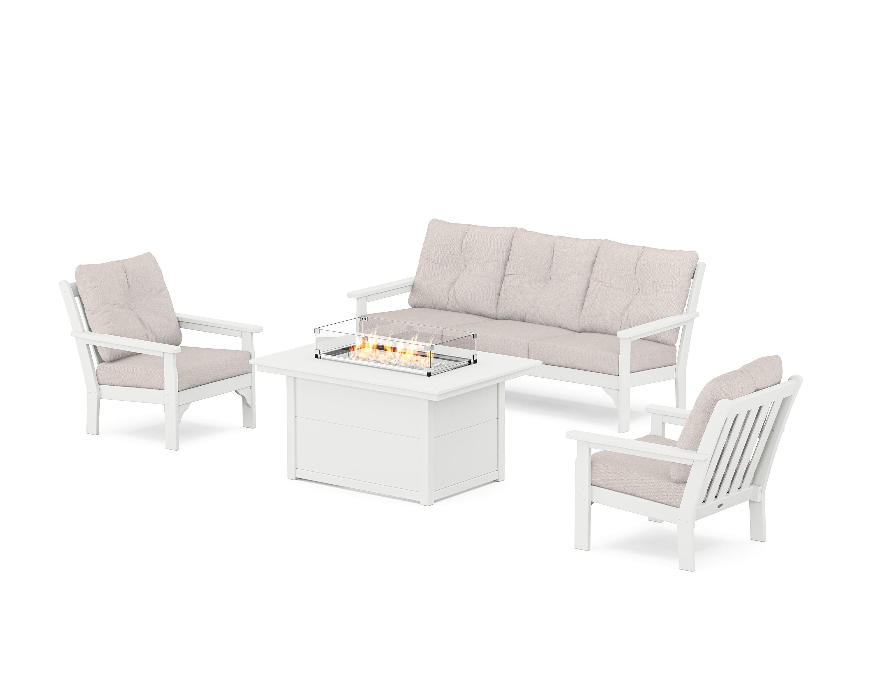 POLYWOOD Vineyard Deep Seating Fire Pit Table Set in White / Dune Burlap