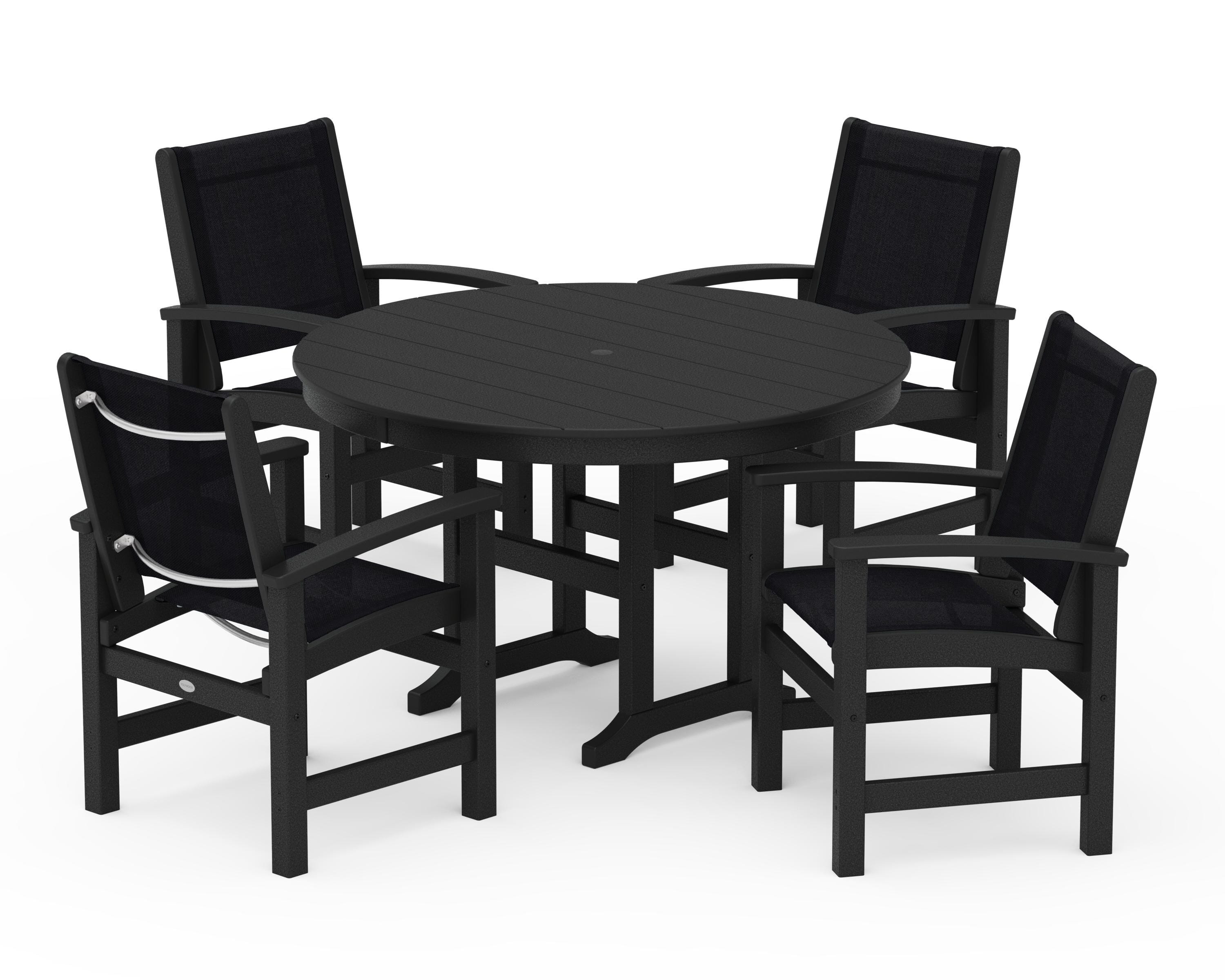 POLYWOOD Coastal 5-Piece Round Farmhouse Dining Set in Black / Black Sling