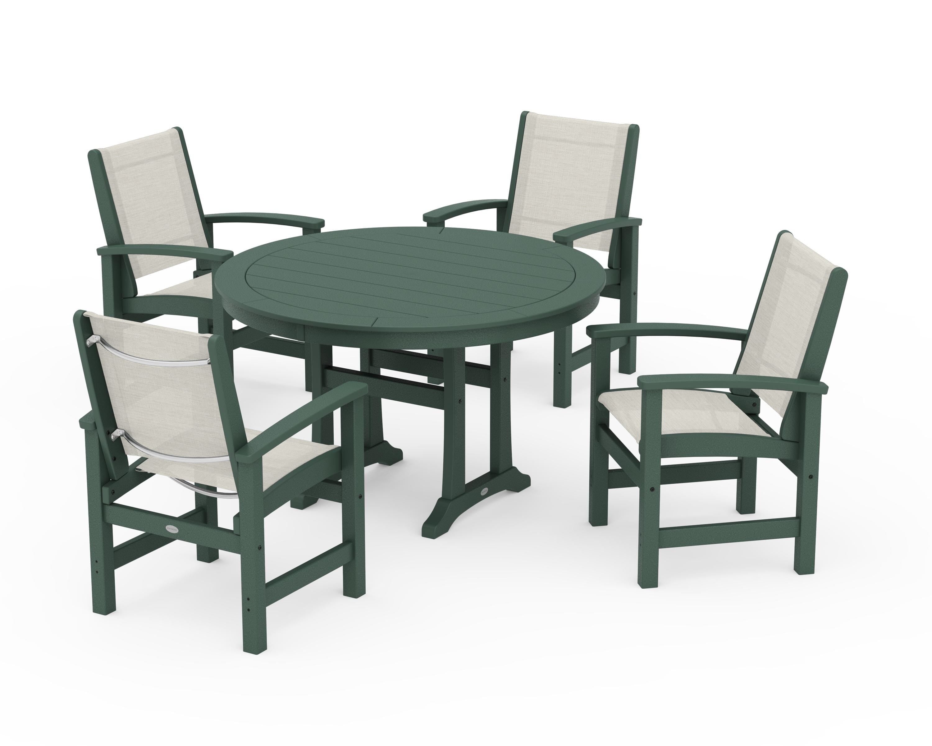 POLYWOOD Coastal 5-Piece Round Dining Set with Trestle Legs in Green / Parchment Sling