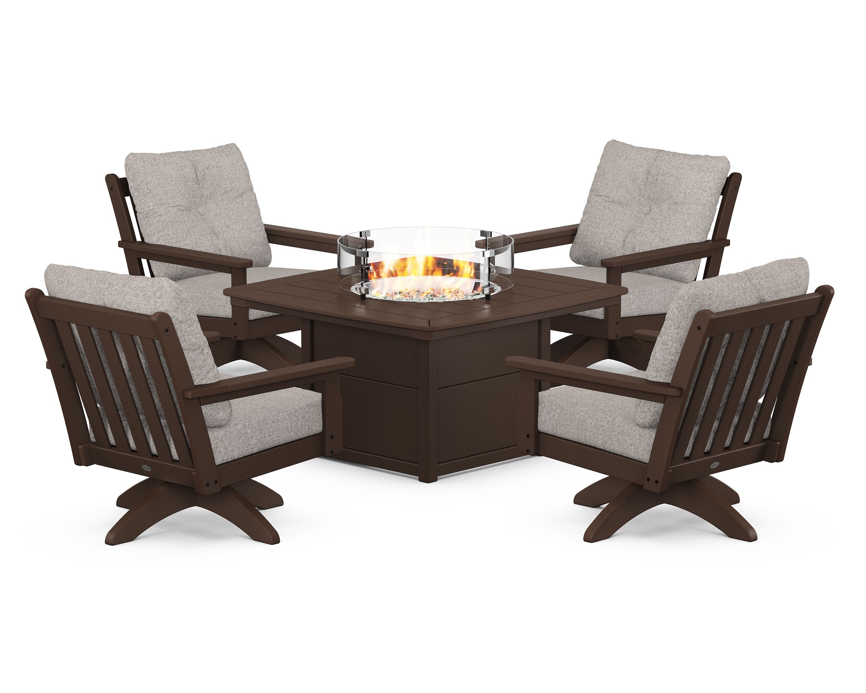 POLYWOOD Vineyard 5-Piece Deep Seating Swivel Conversation Set with Fire Pit Table in Mahogany / Weathered Tweed