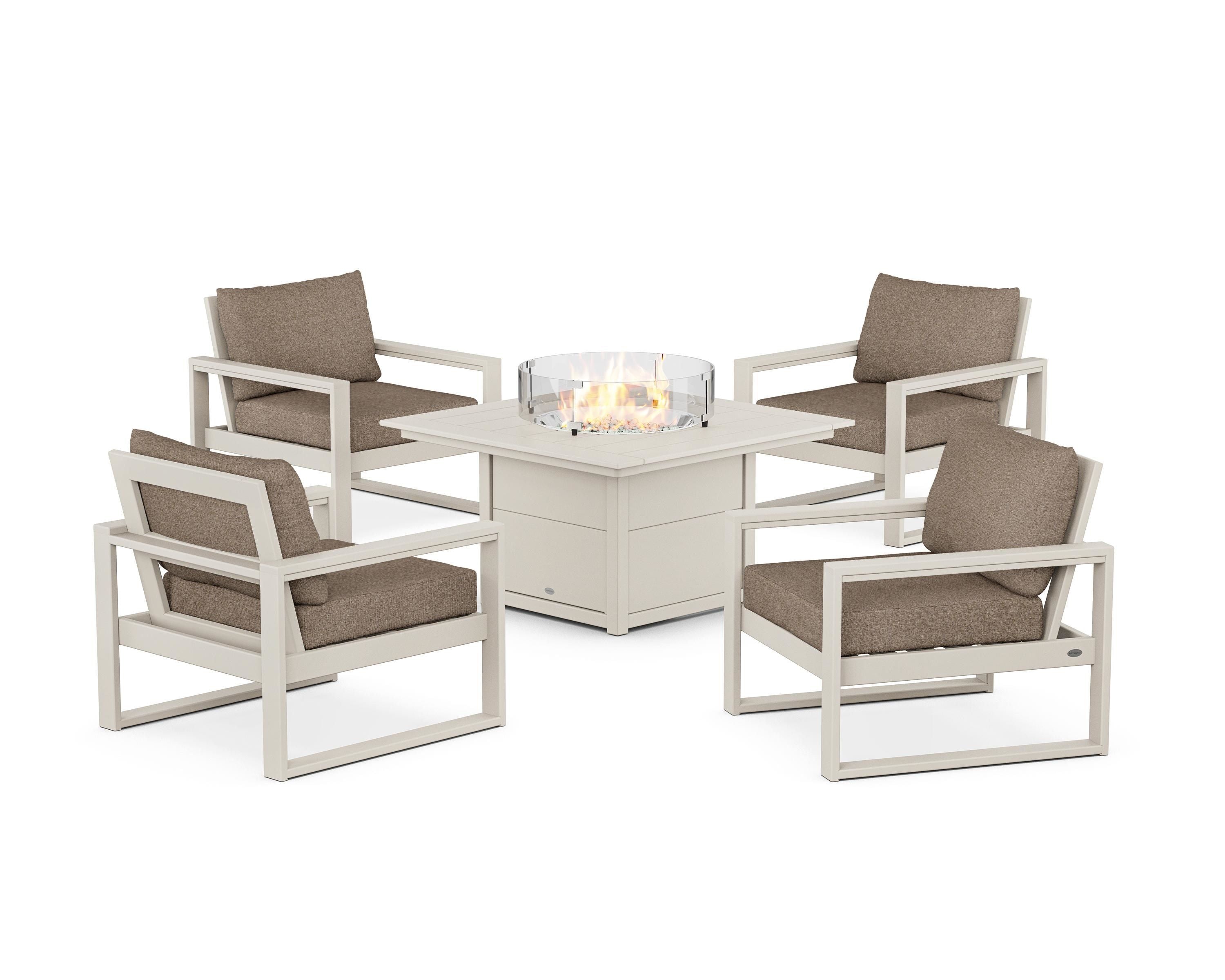 POLYWOOD EDGE Sectional 5-Piece Deep Seating Set with Fire Pit Table in Sand / Spiced Burlap