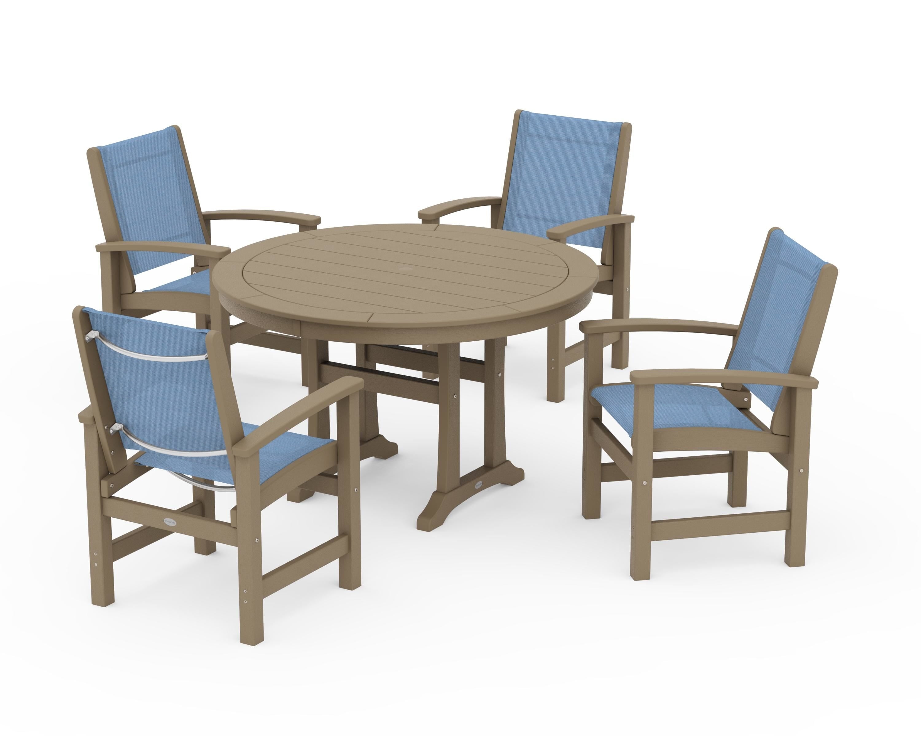 POLYWOOD Coastal 5-Piece Round Dining Set with Trestle Legs in Vintage Sahara / Poolside Sling