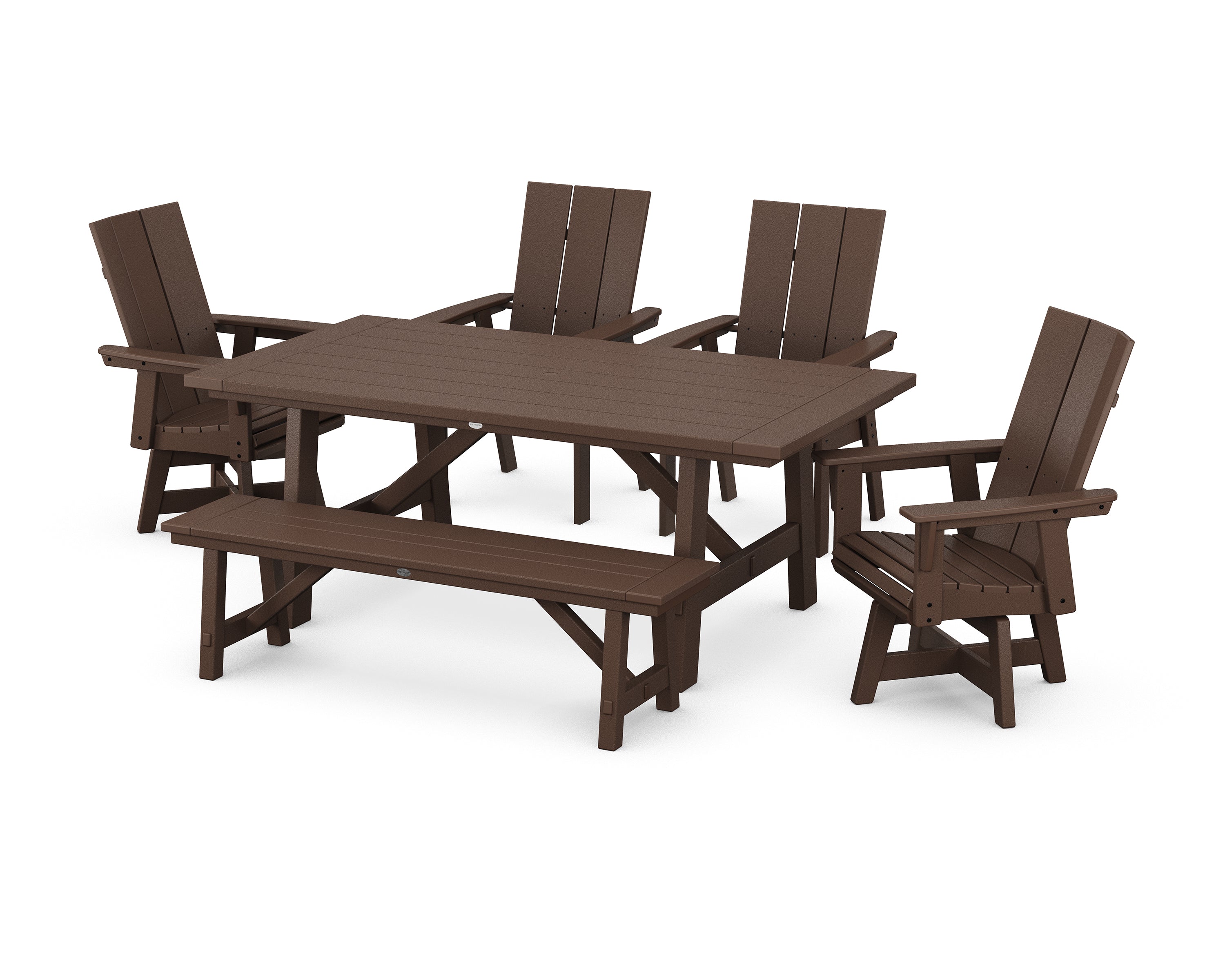 POLYWOOD® Modern Curveback Adirondack Swivel Chair 6-Piece Rustic Farmhouse Dining Set with Bench in Mahogany