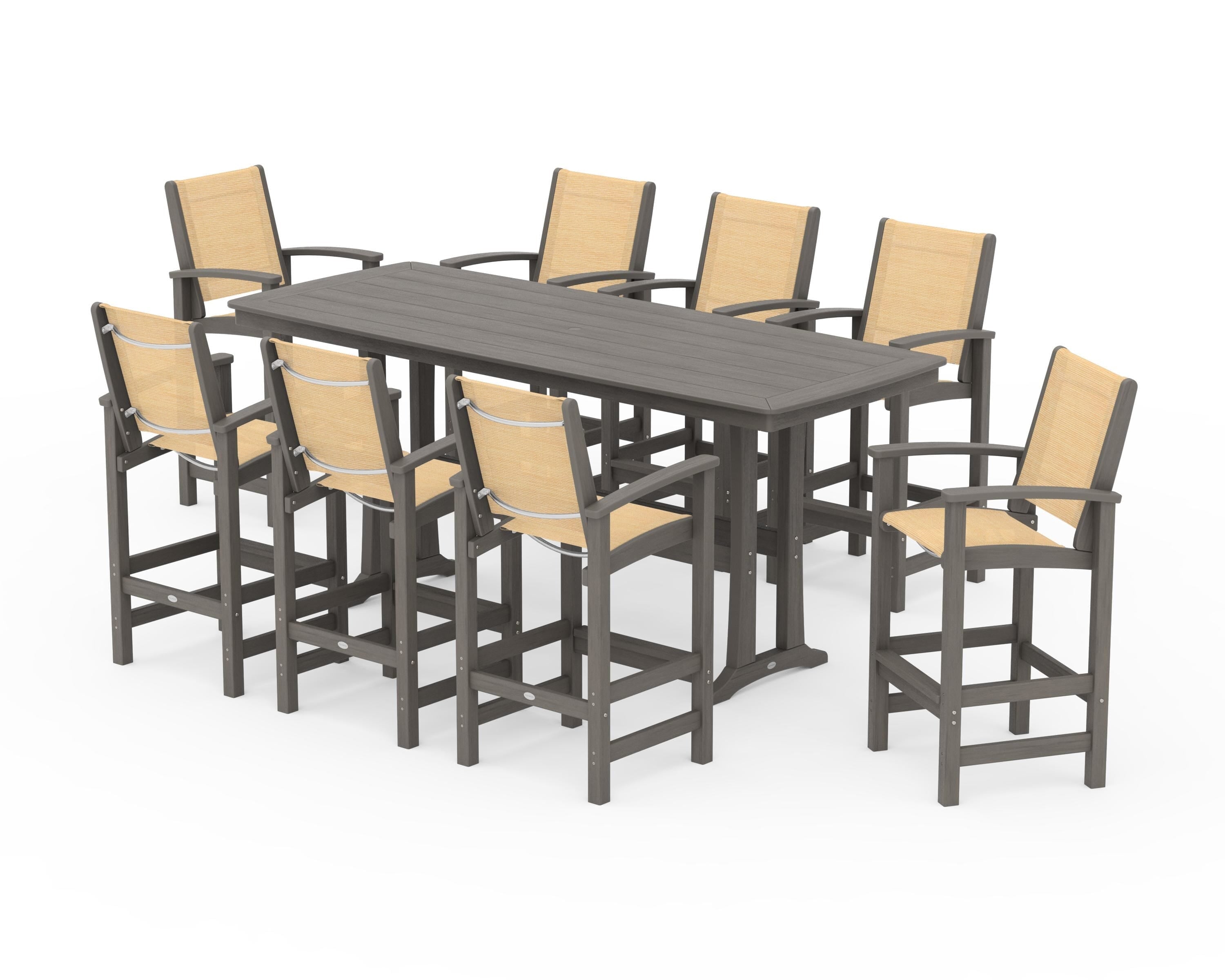 POLYWOOD Coastal 9-Piece Bar Set with Trestle Legs in Driftwood / Dupioni Apricot Sling