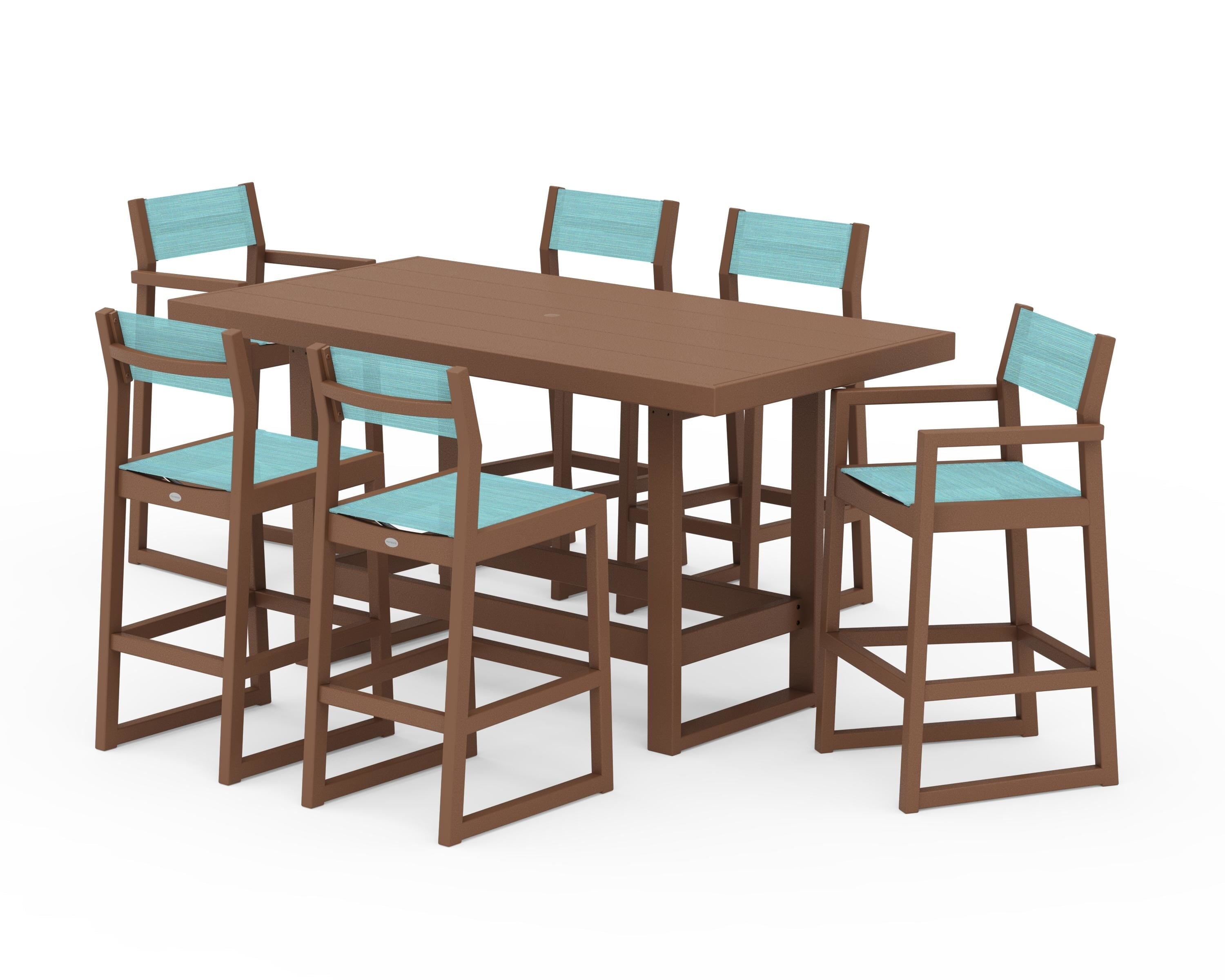 POLYWOOD EDGE Sling 7-Piece Bar Table Set in Teak / Dupioni Aquamarine Sling