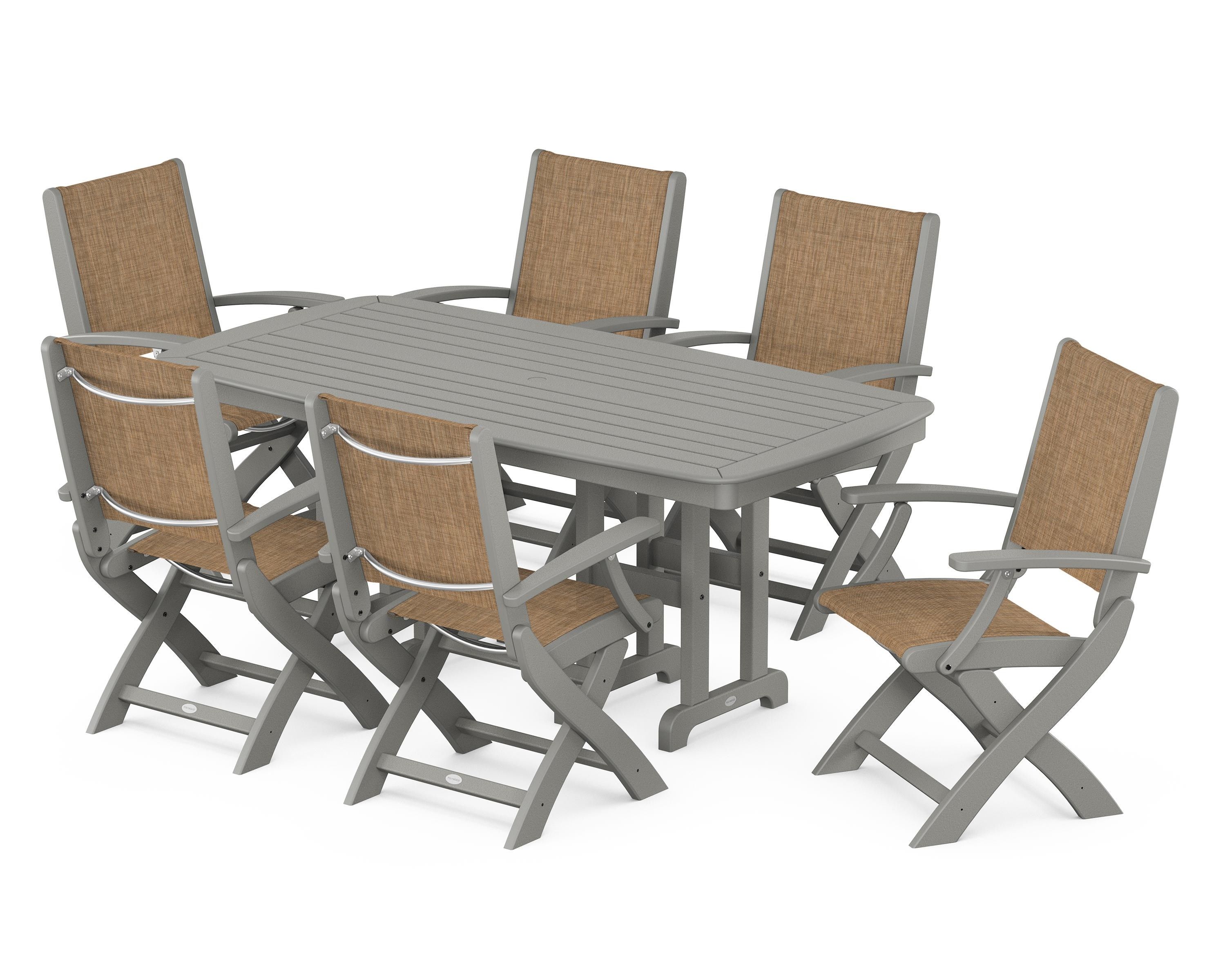 POLYWOOD Coastal Folding Arm Chair 7-Piece Dining Set in Slate Grey / Burlap Sling