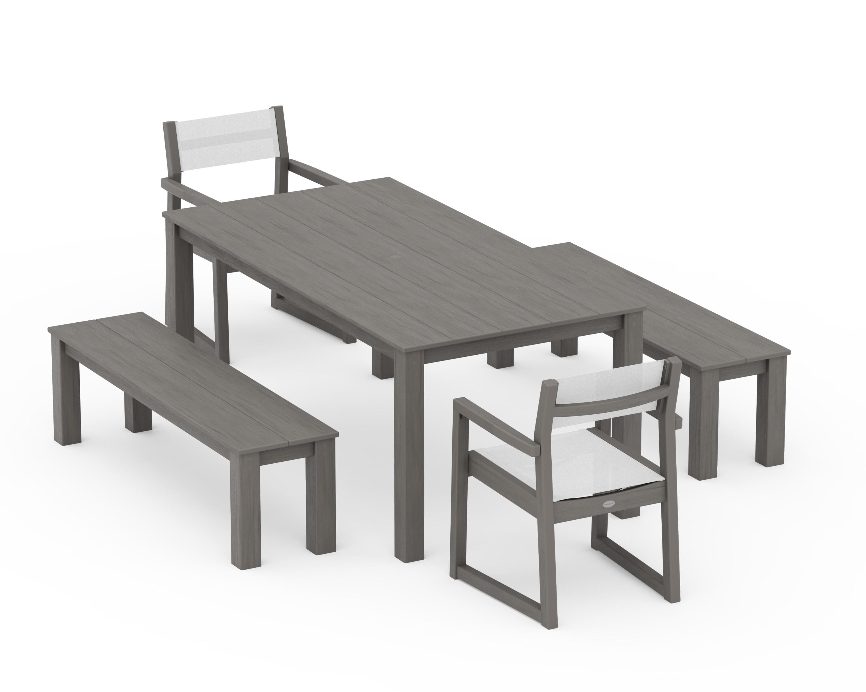 POLYWOOD EDGE Sling Arm Chair 5-Piece Parsons Dining Set with Benches in Driftwood / White Sling