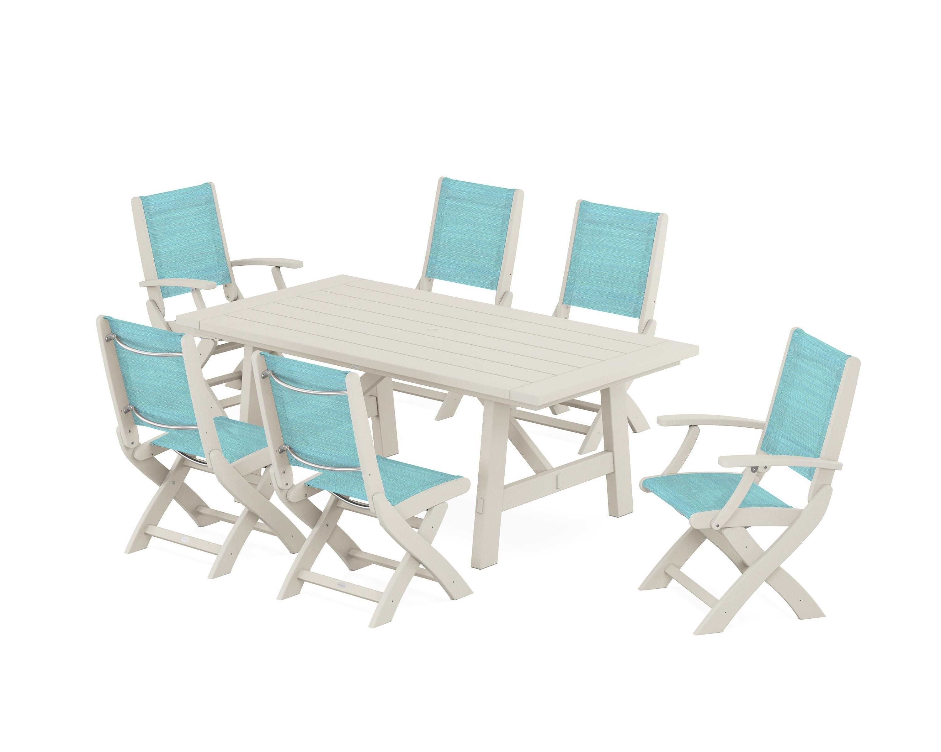 POLYWOOD Coastal Folding Chair 7-Piece Rustic Farmhouse Dining Set in Sand / Dupioni Aquamarine Sling