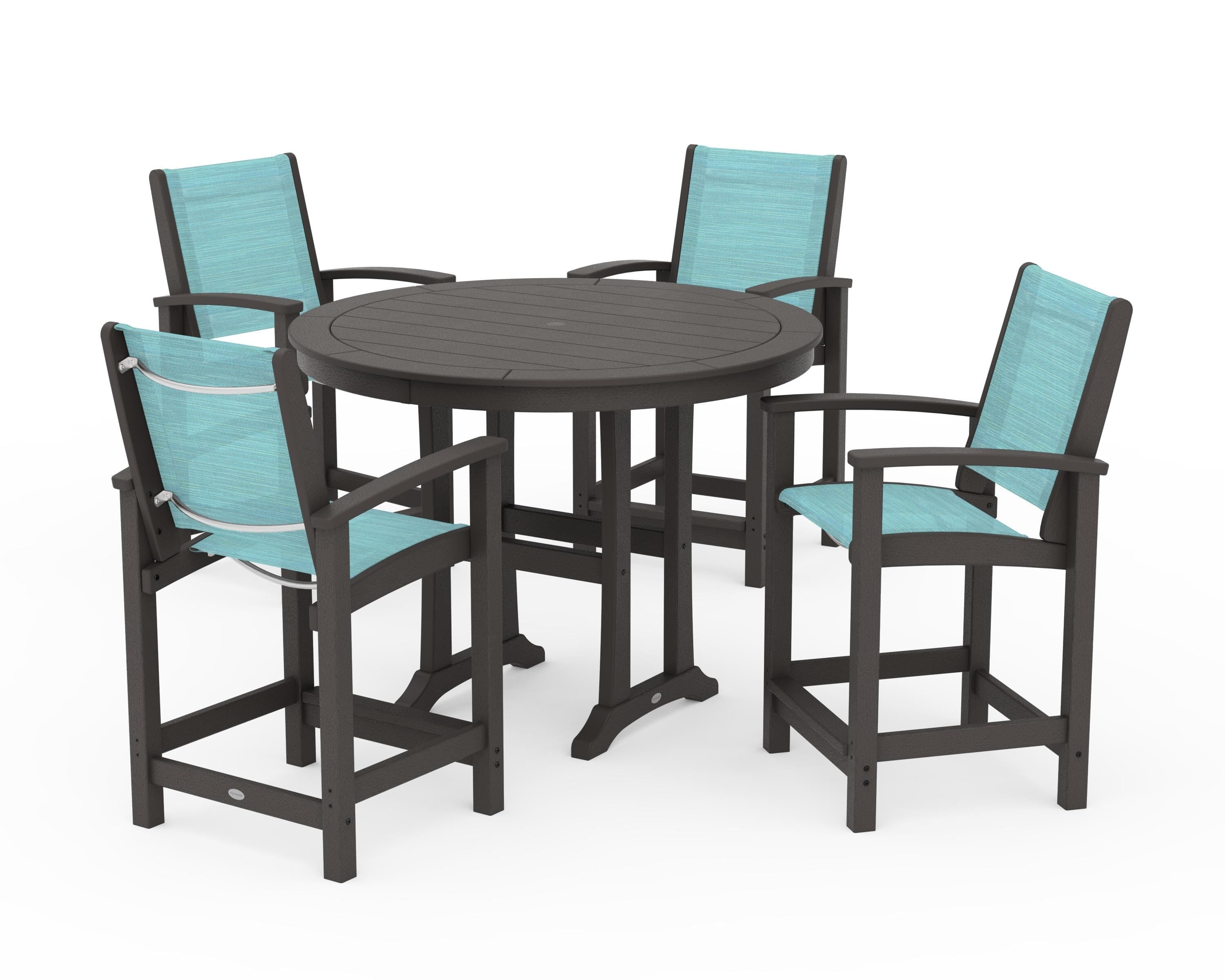 POLYWOOD Coastal 5-Piece Counter Set in Vintage Coffee / Dupioni Aquamarine Sling