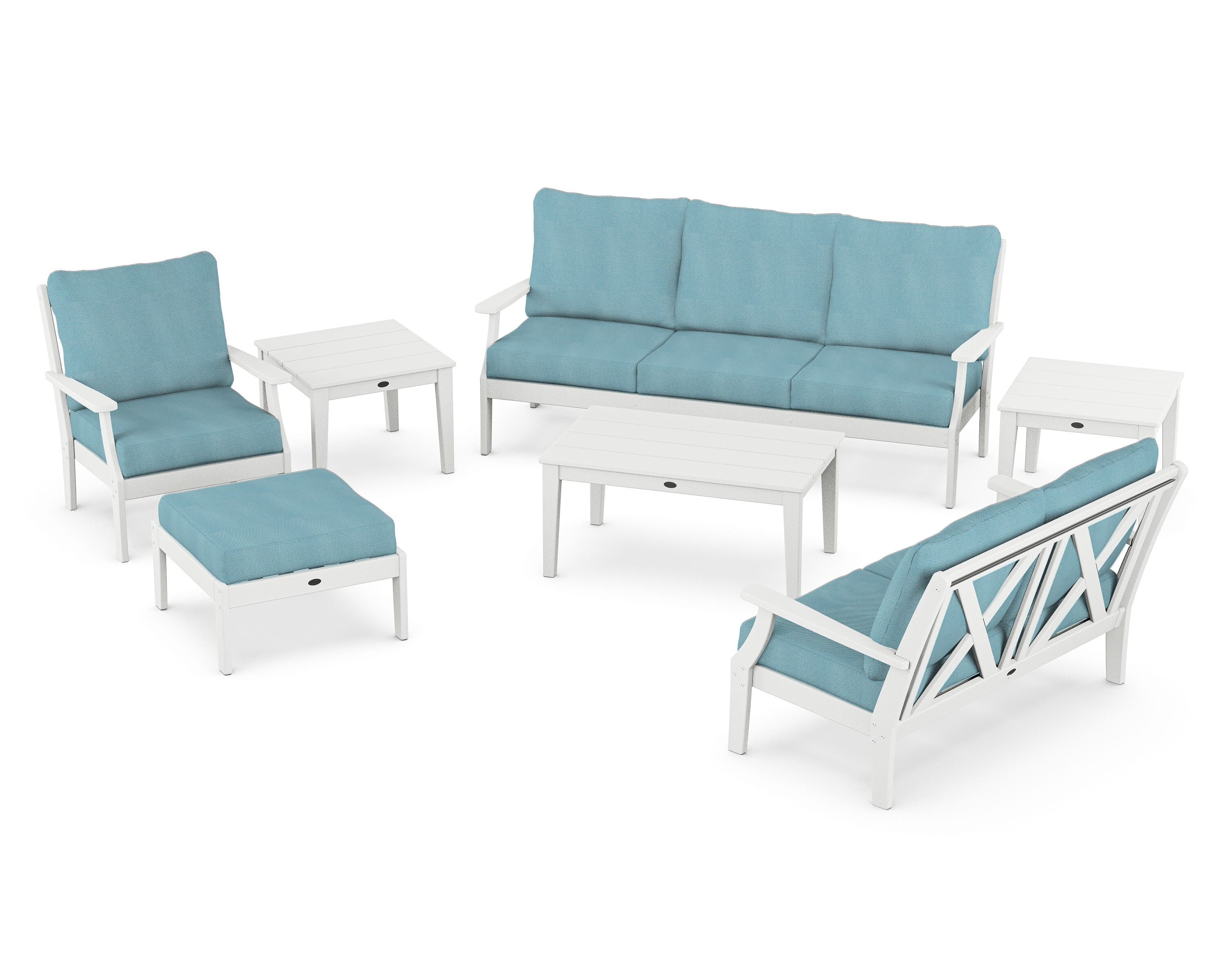 POLYWOOD Braxton 7-Piece Deep Seating Set in White / Lattice Sky Blue