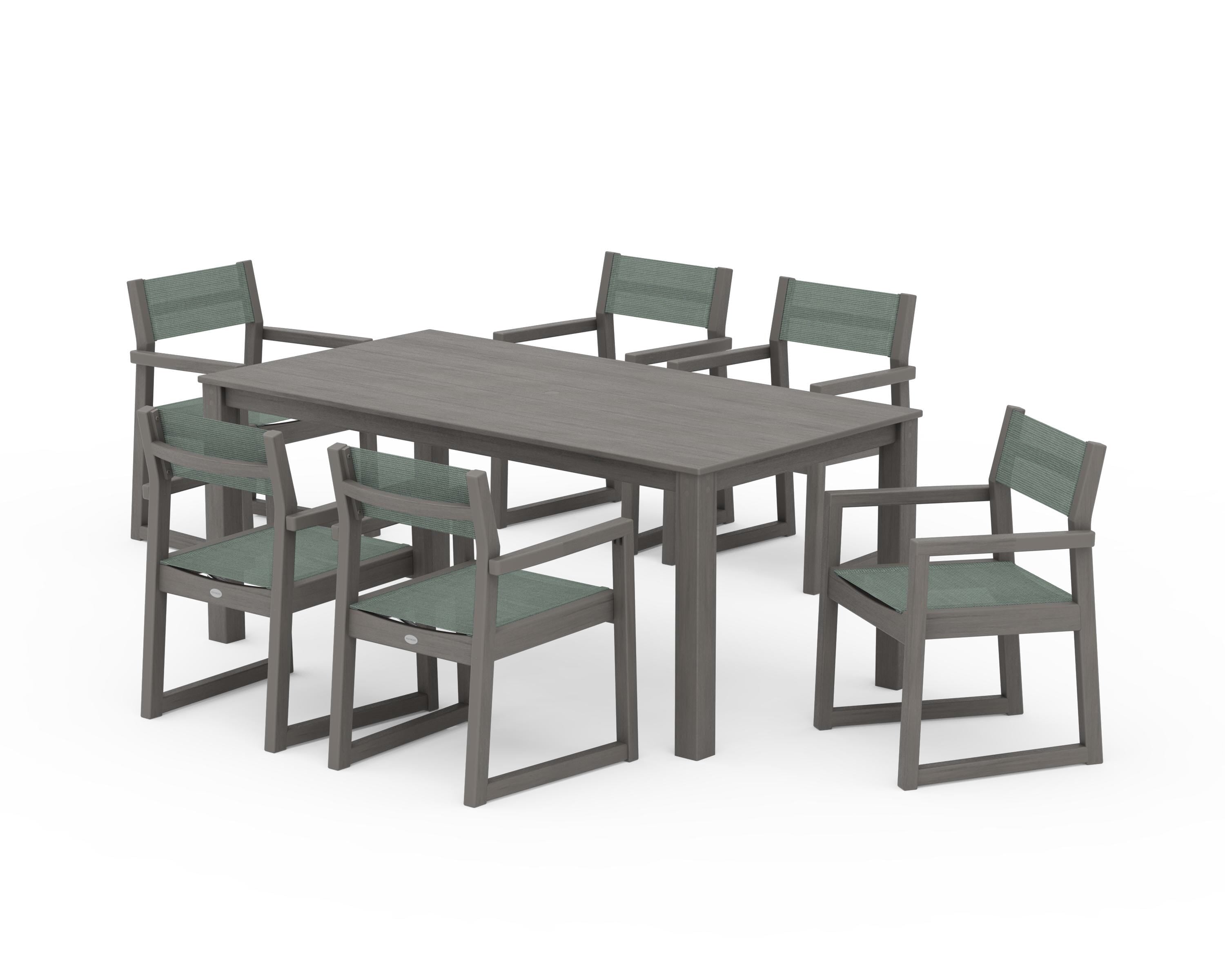 POLYWOOD EDGE Sling Arm Chair 7-Piece Parsons Dining Set in Driftwood / Dupioni Sea Mist Sling