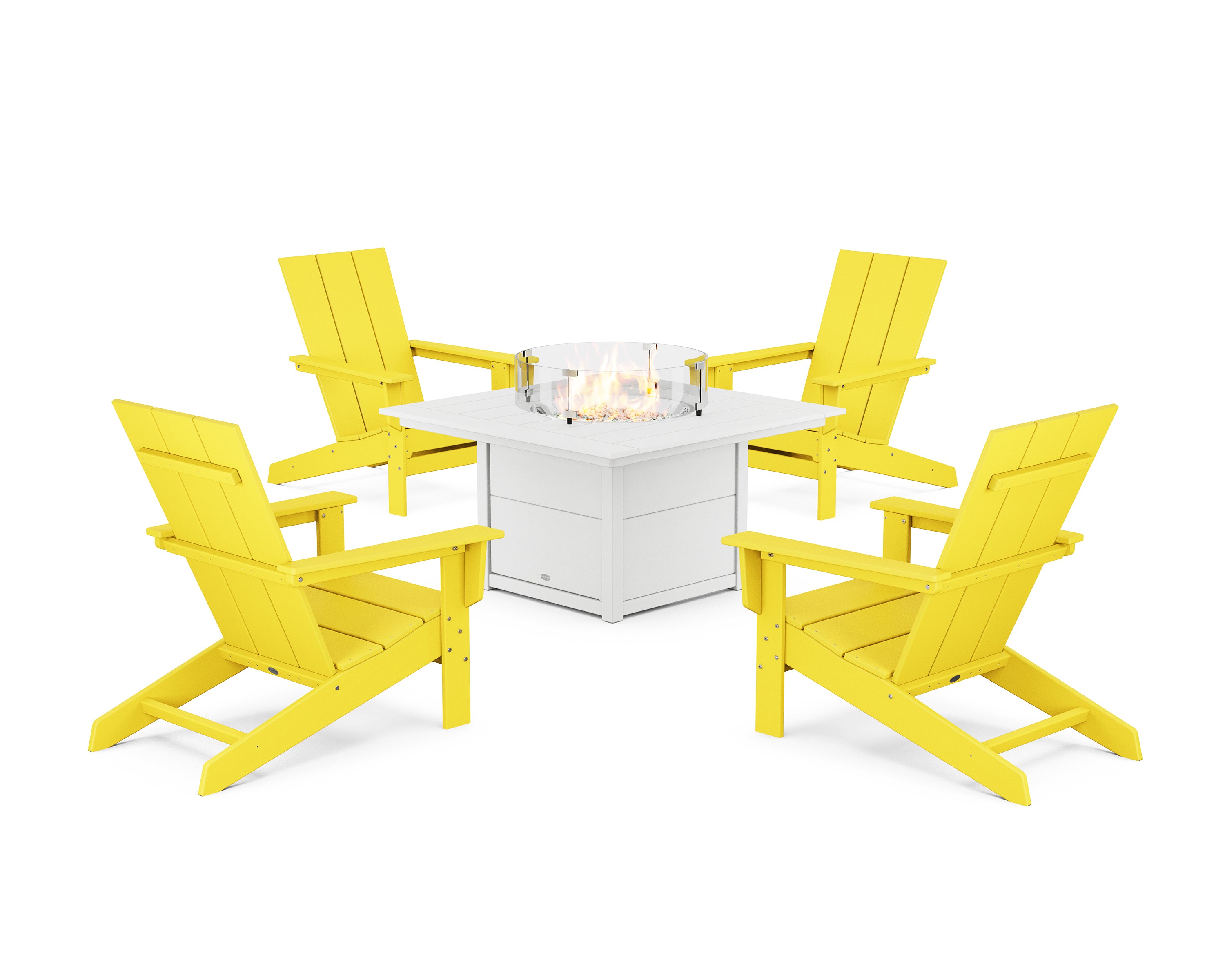 POLYWOOD® 5-Piece Modern Studio Adirondack Conversation Set with Fire Pit Table in Lemon / White
