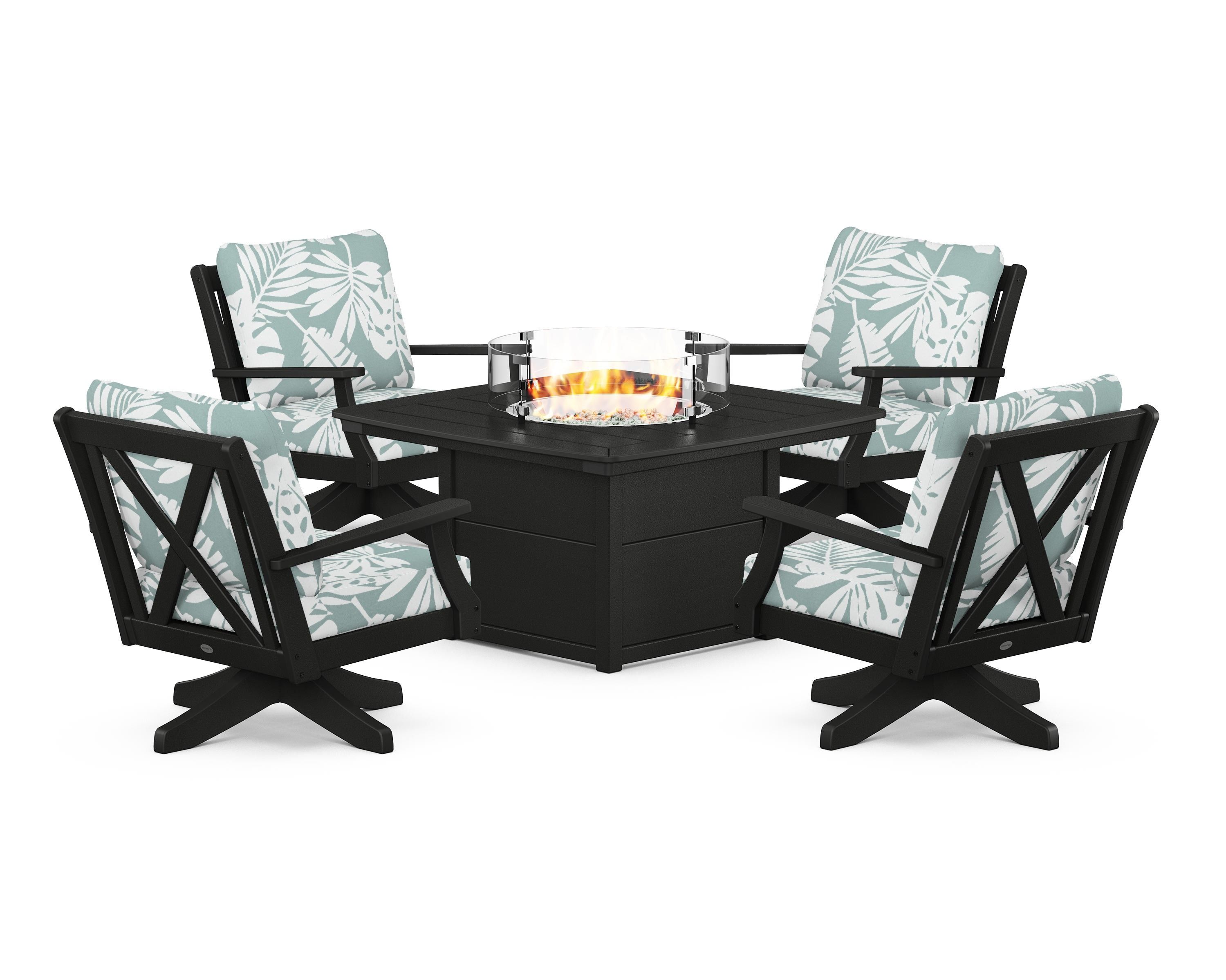 POLYWOOD Braxton 5-Piece Deep Seating Swivel Conversation Set with Fire Pit Table in Black / Leaf Glacier Spa