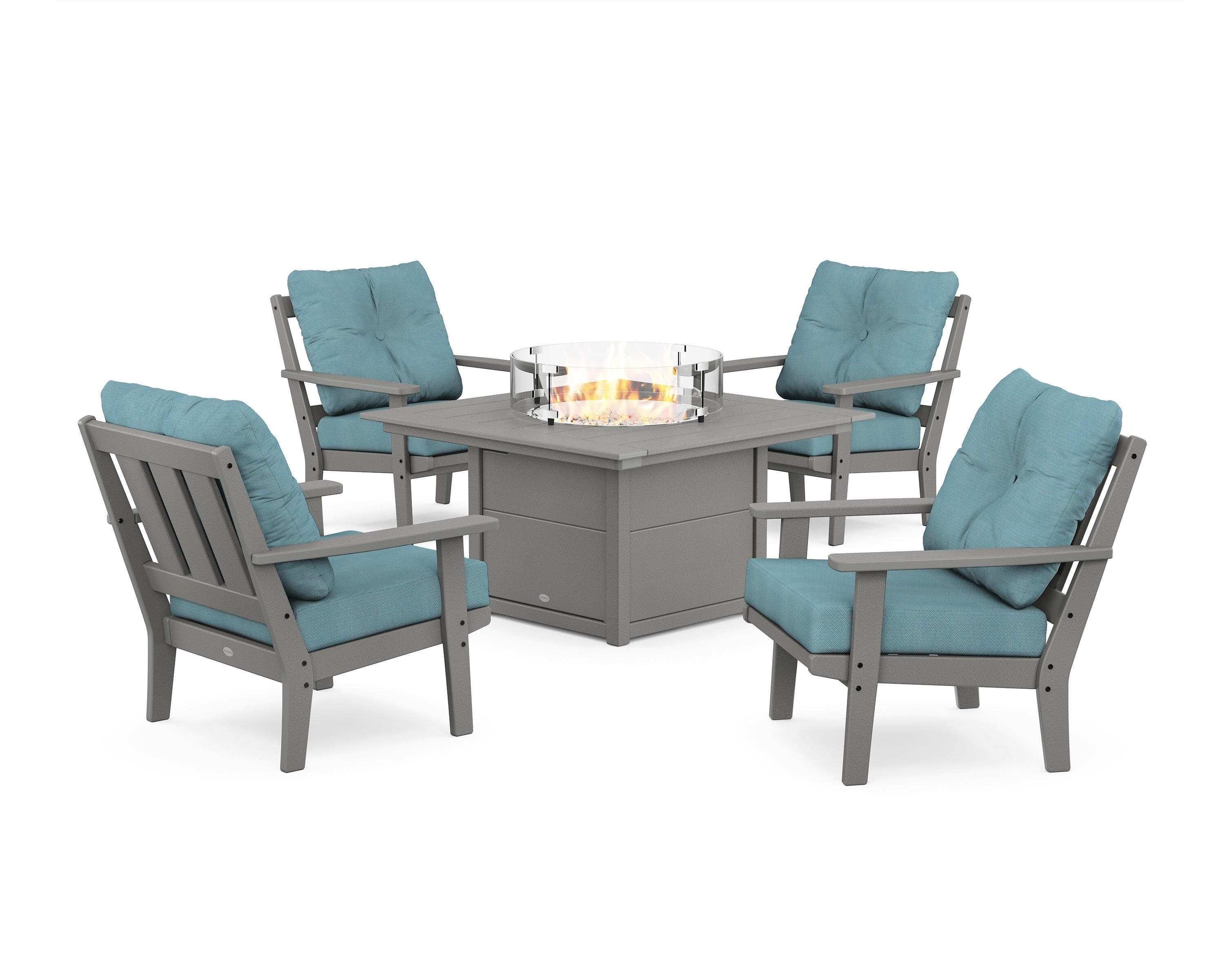 POLYWOOD Oxford 5-Piece Deep Seating Set with Fire Pit Table in Slate Grey / Lattice Sky Blue