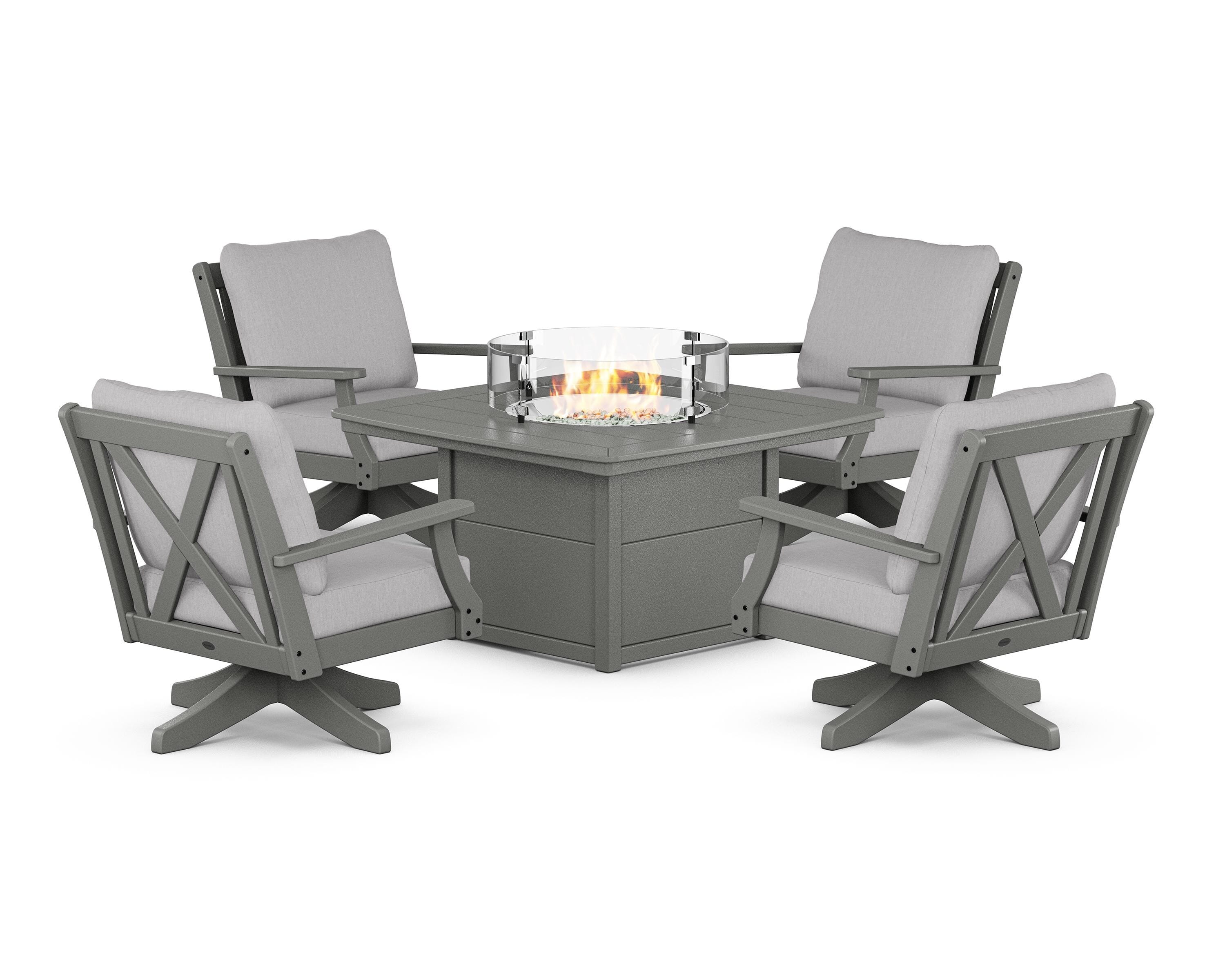 POLYWOOD Braxton 5-Piece Deep Seating Swivel Conversation Set with Fire Pit Table in Slate Grey / Granite