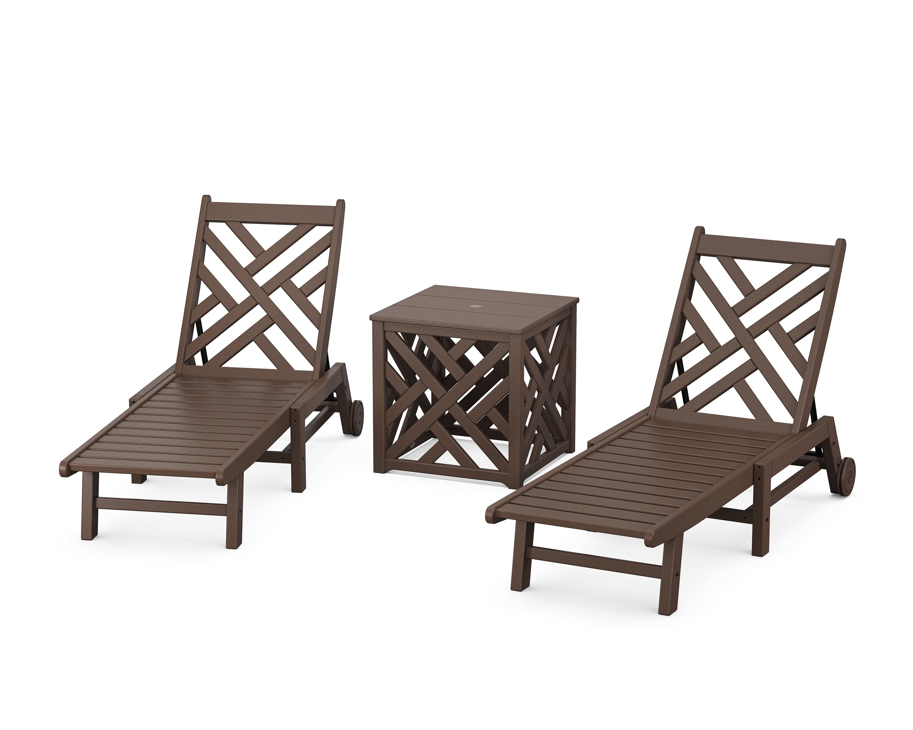 POLYWOOD Chippendale 3-Piece Chaise Set with Wheels and Umbrella Stand Accent Table in Mahogany