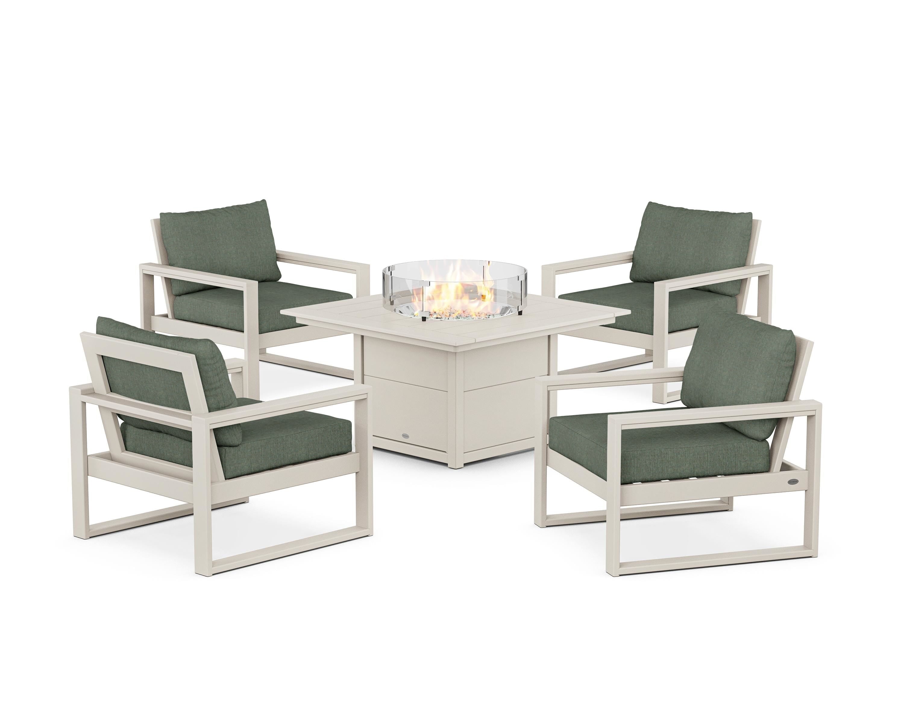 POLYWOOD EDGE Sectional 5-Piece Deep Seating Set with Fire Pit Table in Sand / Cast Sage