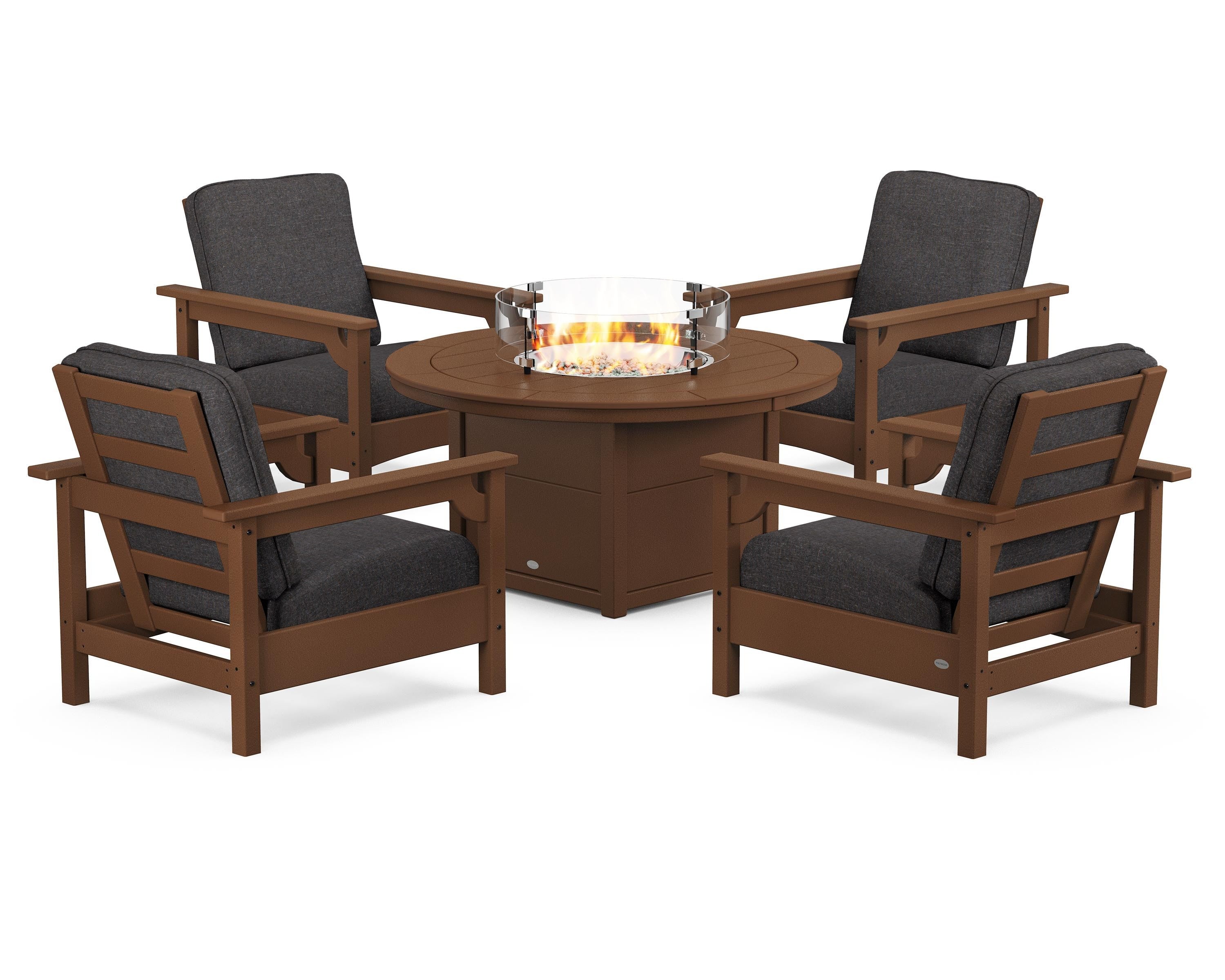 POLYWOOD Club 5-Piece Conversation Set with Fire Pit Table in Teak / Ash Charcoal