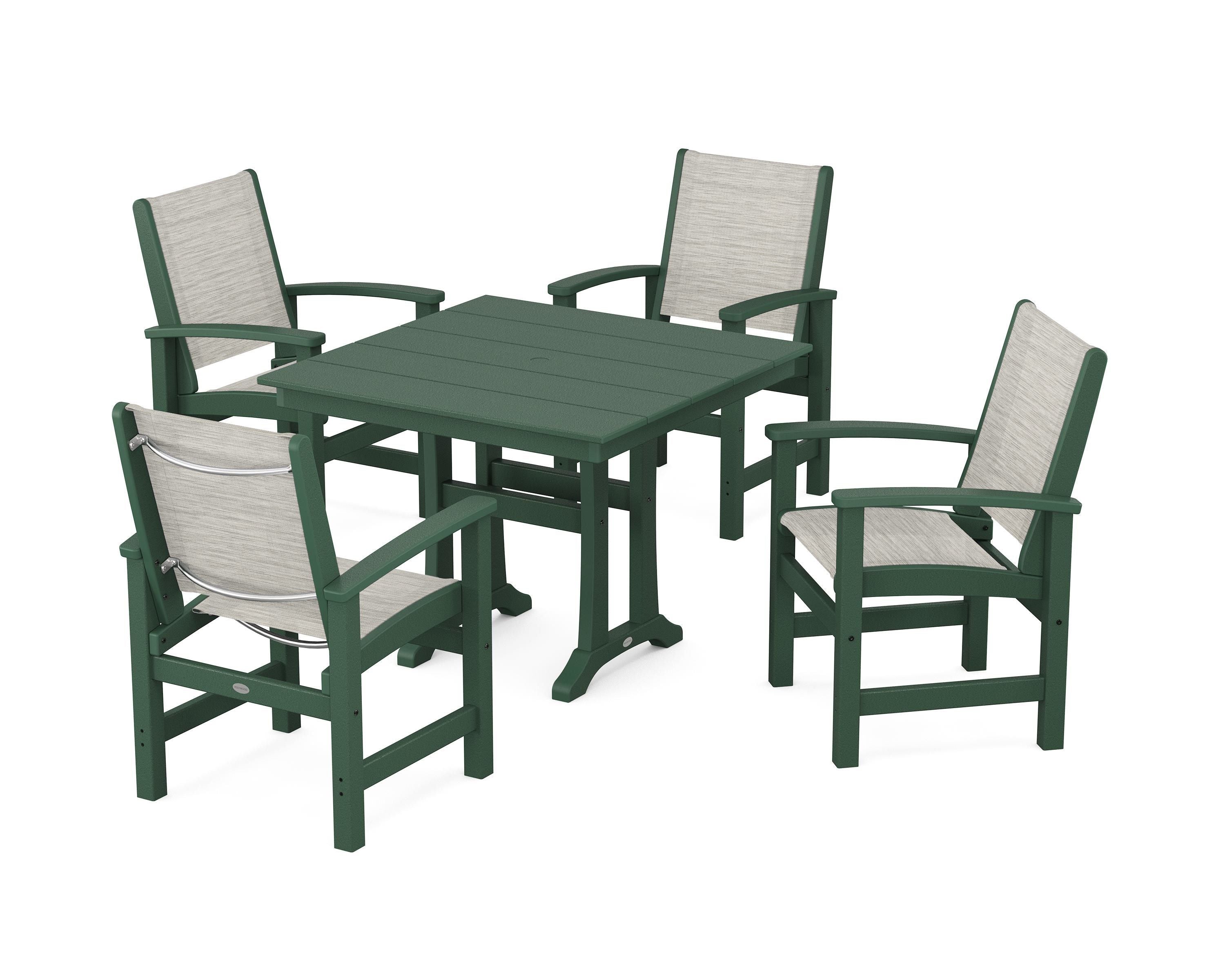 POLYWOOD Coastal 5-Piece Farmhouse Dining Set With Trestle Legs in Green / Birch Sling