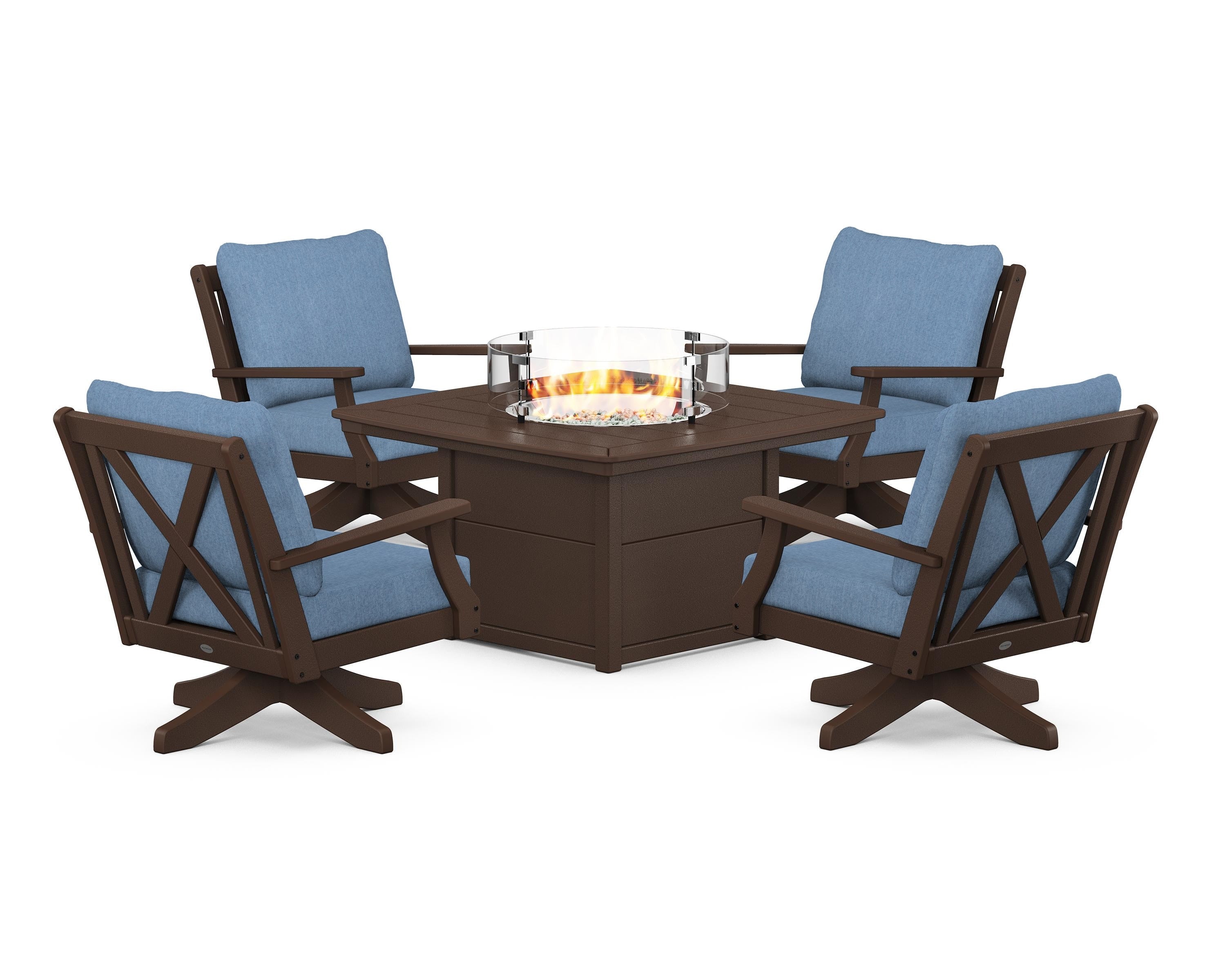 POLYWOOD Braxton 5-Piece Deep Seating Swivel Conversation Set with Fire Pit Table in Mahogany / Sky Blue