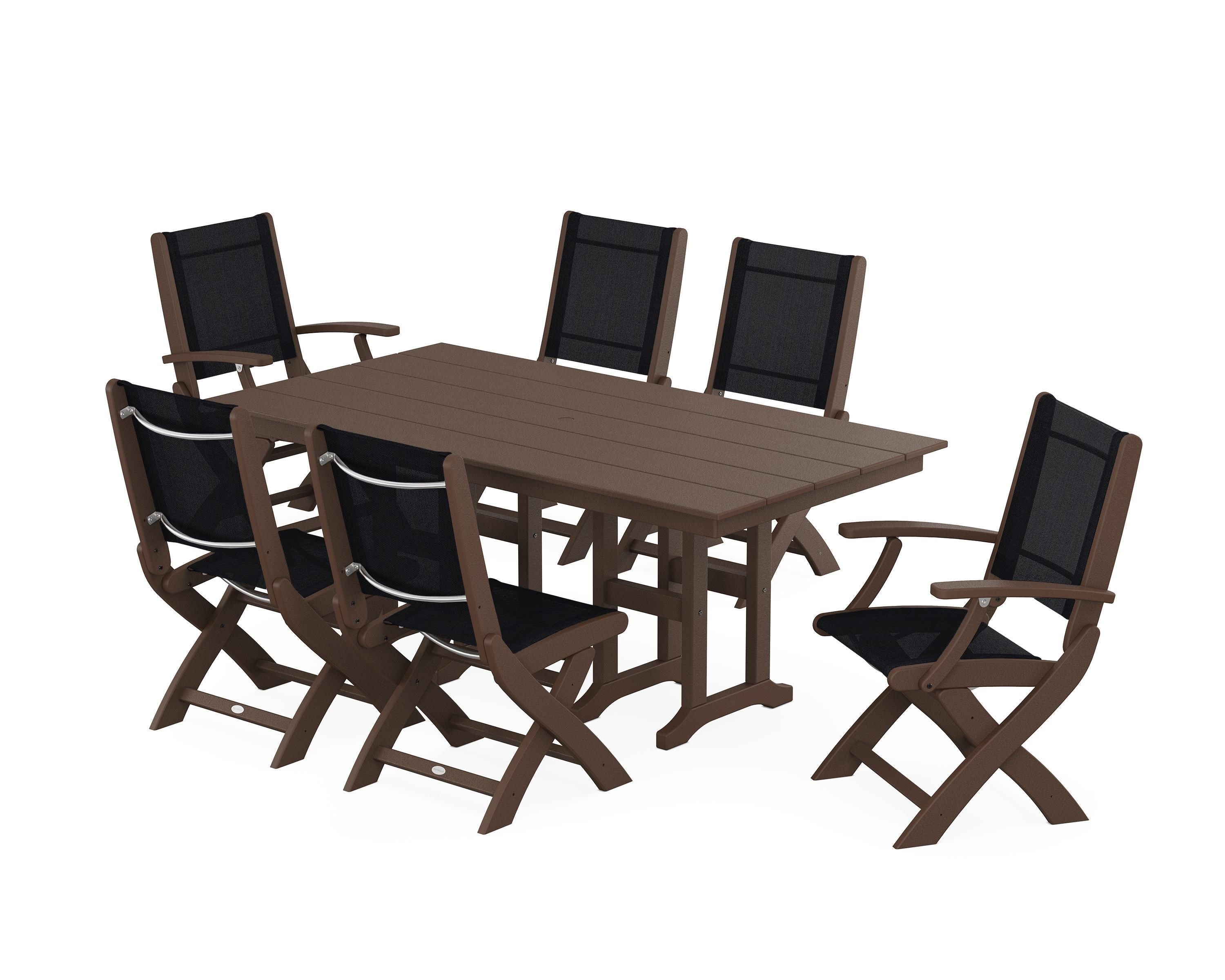 POLYWOOD Coastal Folding Chair 7-Piece Farmhouse Dining Set in Mahogany / Black Sling