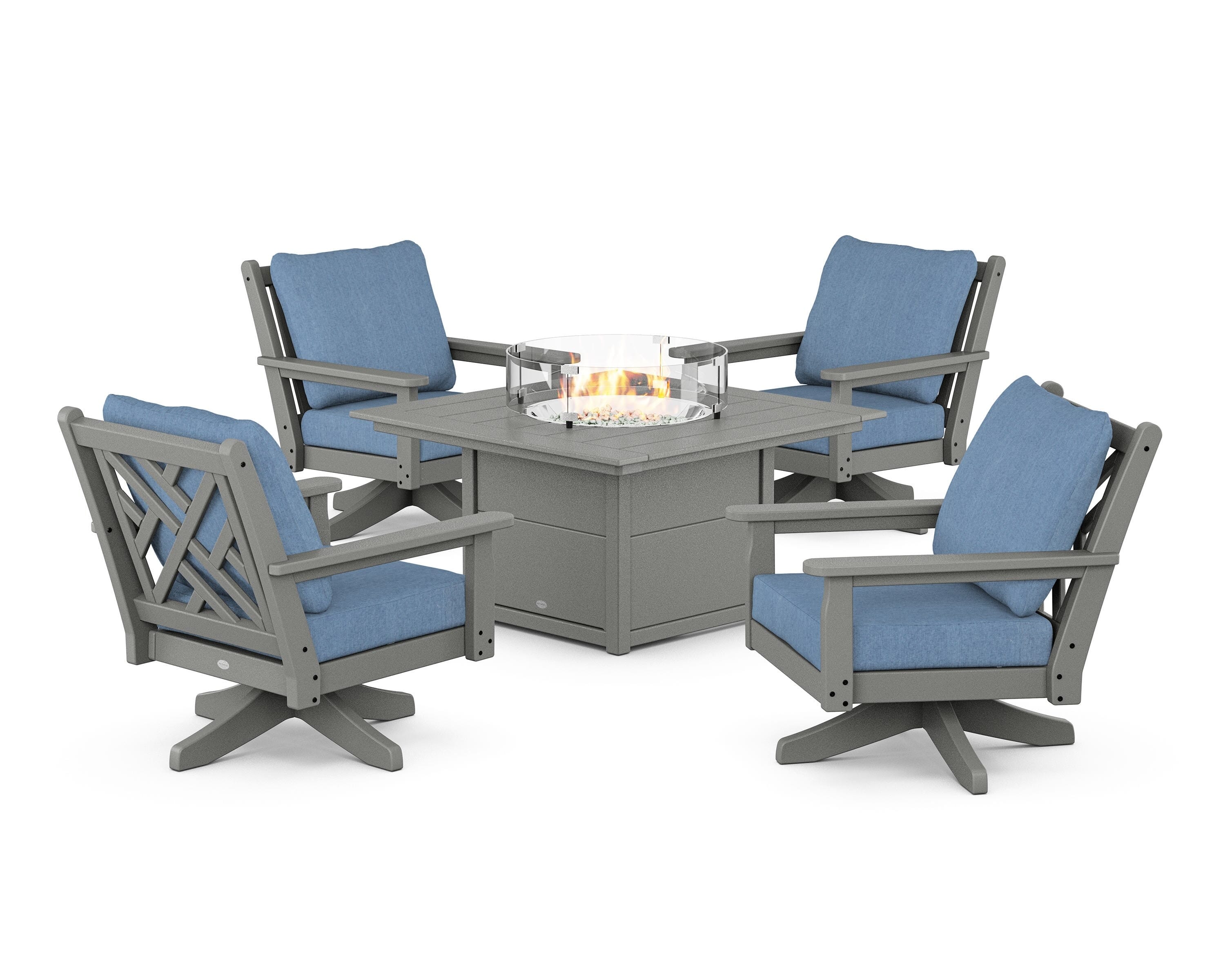 POLYWOOD Chippendale 5-Piece Deep Seating Swivel Conversation Set with Fire Pit Table in Slate Grey / Sky Blue