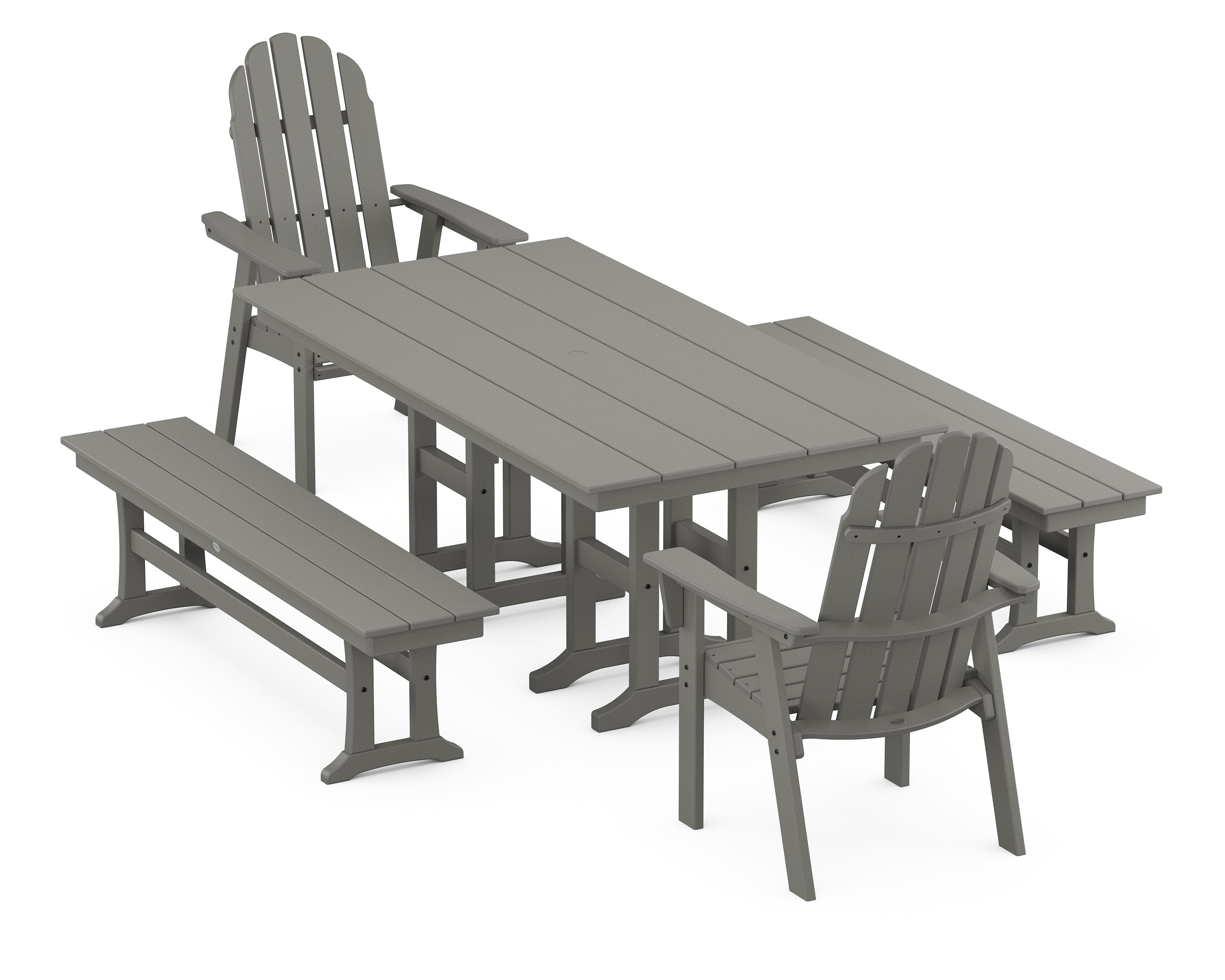 POLYWOOD® Vineyard Curveback Adirondack 5-Piece Farmhouse Dining Set with Benches in Slate Grey