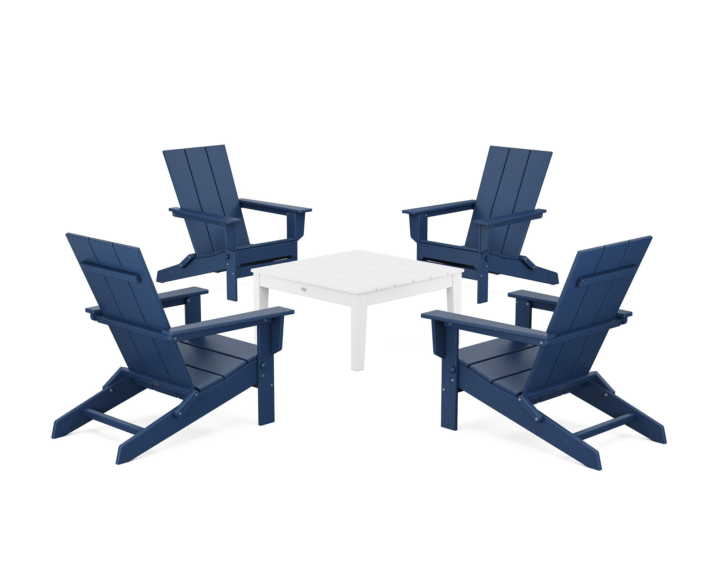 POLYWOOD® 5-Piece Modern Studio Folding Adirondack Chair Conversation Group in Navy / White