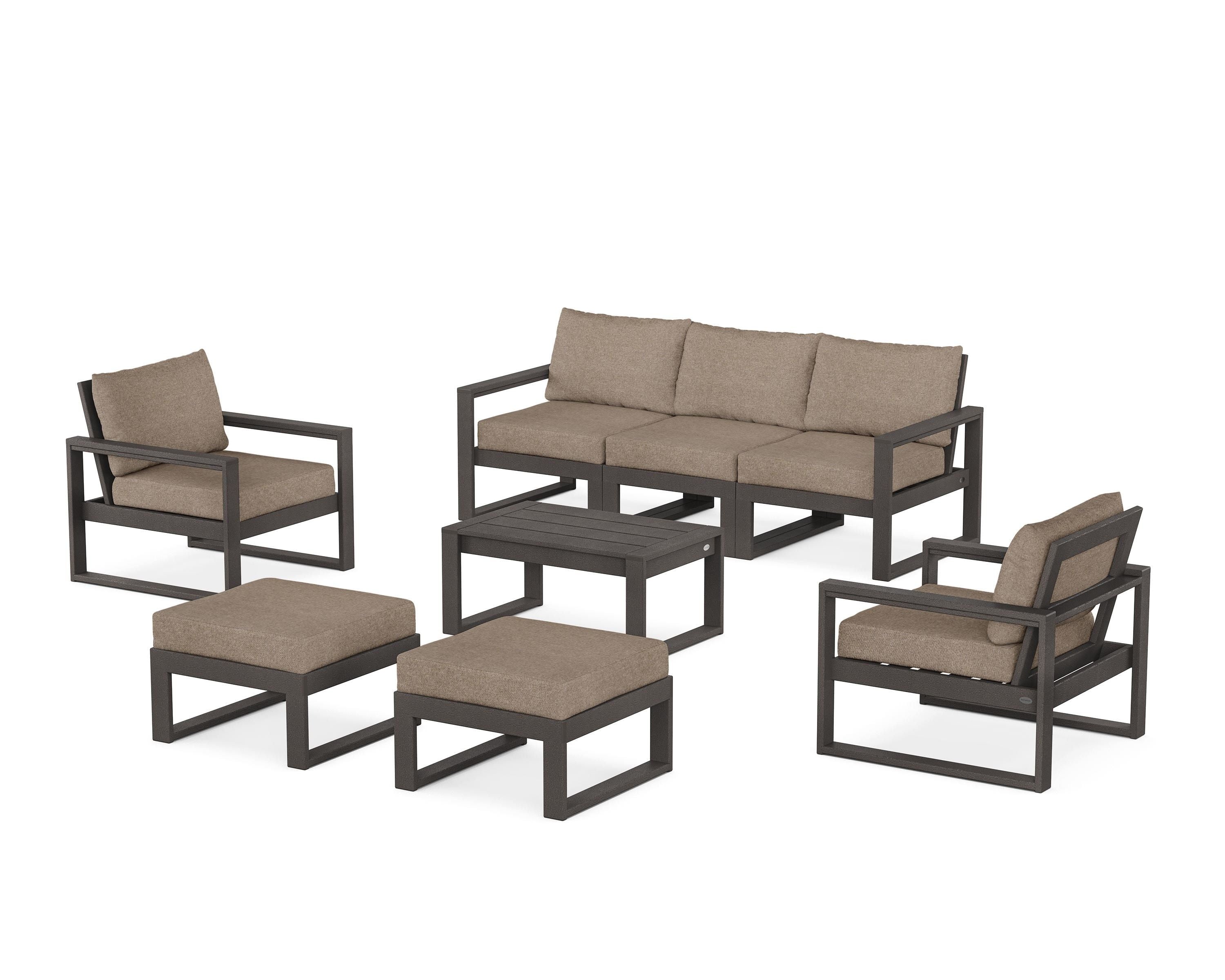 POLYWOOD EDGE Sectional 8-Piece Lounge Sofa Set in Vintage Coffee / Spiced Burlap