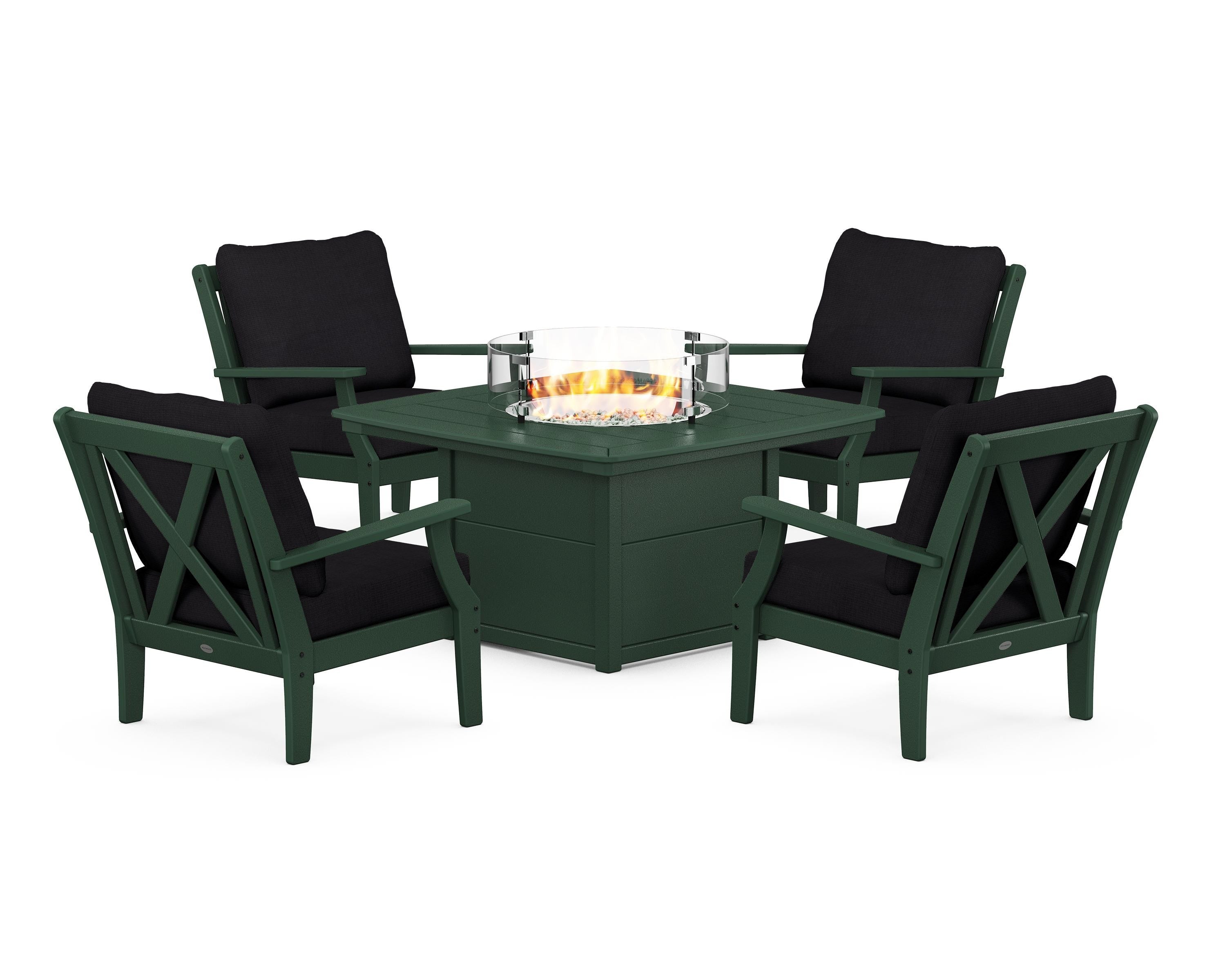 POLYWOOD Braxton 5-Piece Deep Seating Conversation Set with Fire Pit Table in Green / Midnight Linen