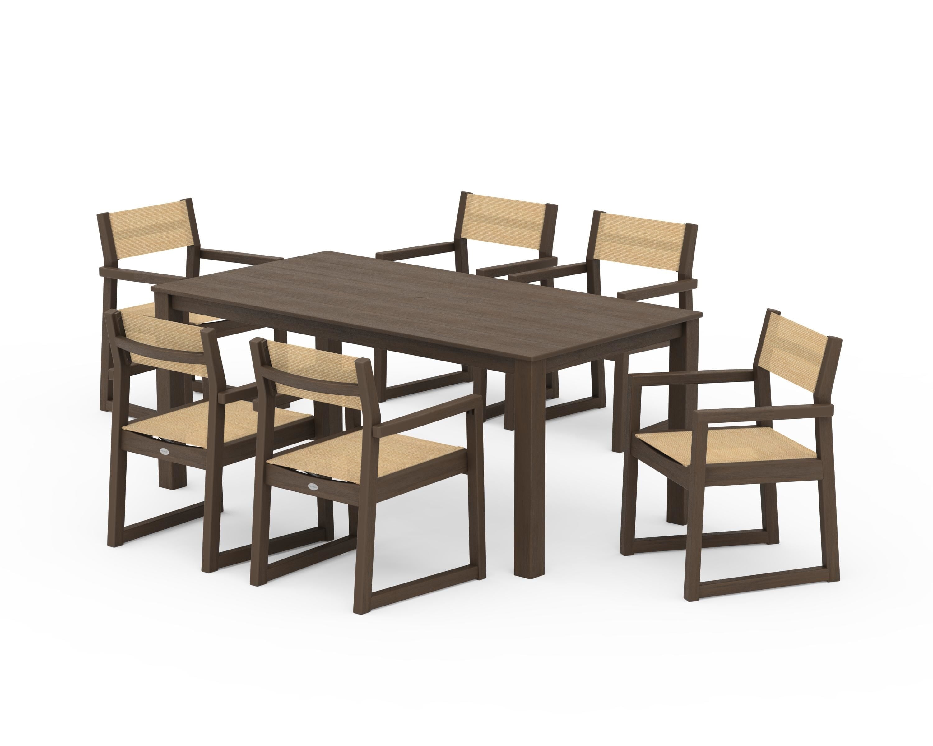 POLYWOOD EDGE Sling Arm Chair 7-Piece Parsons Dining Set in Kona / Dupioni Apricot Sling