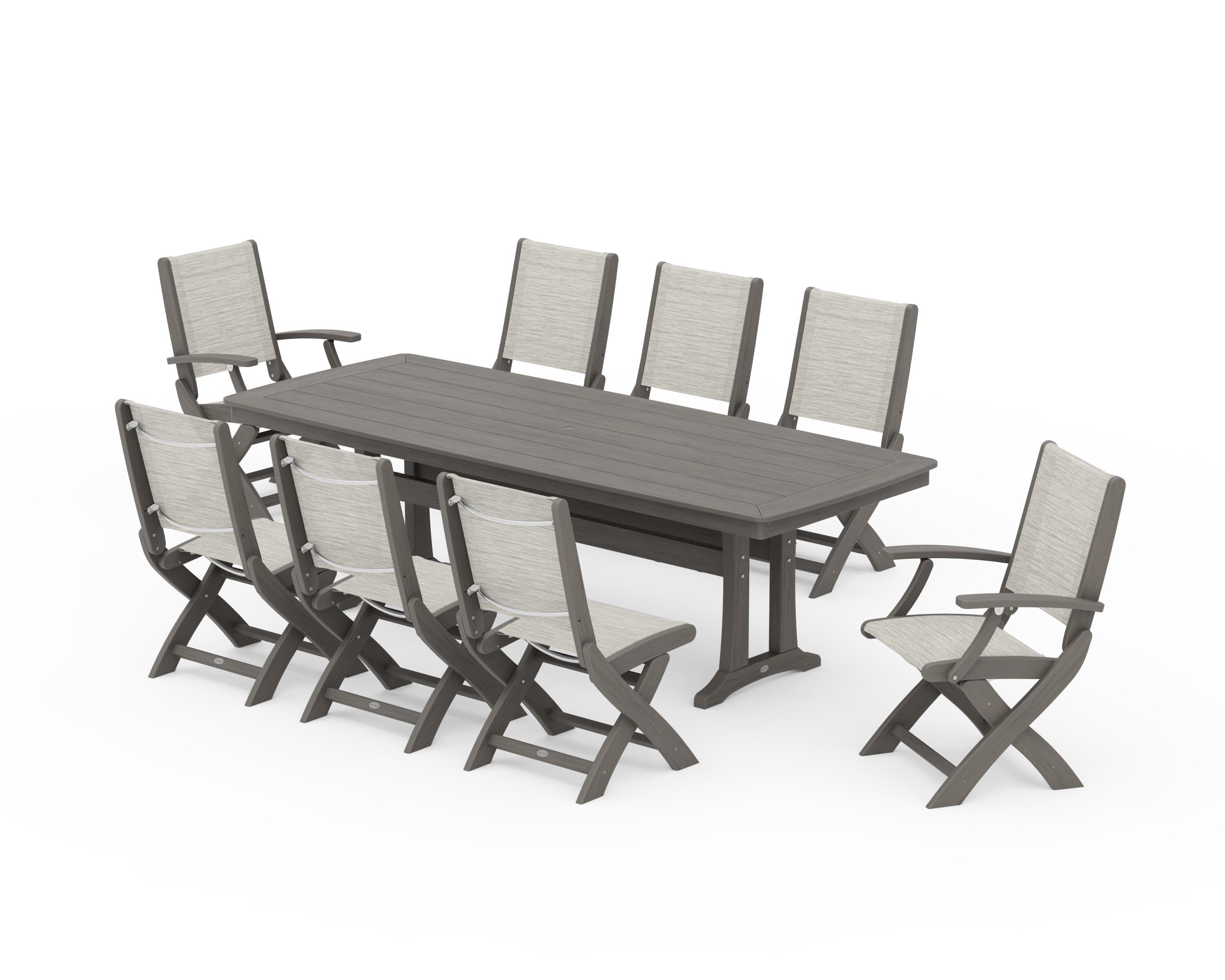 POLYWOOD Coastal Folding 9-Piece Dining Set with Trestle Legs in Driftwood / Birch Sling