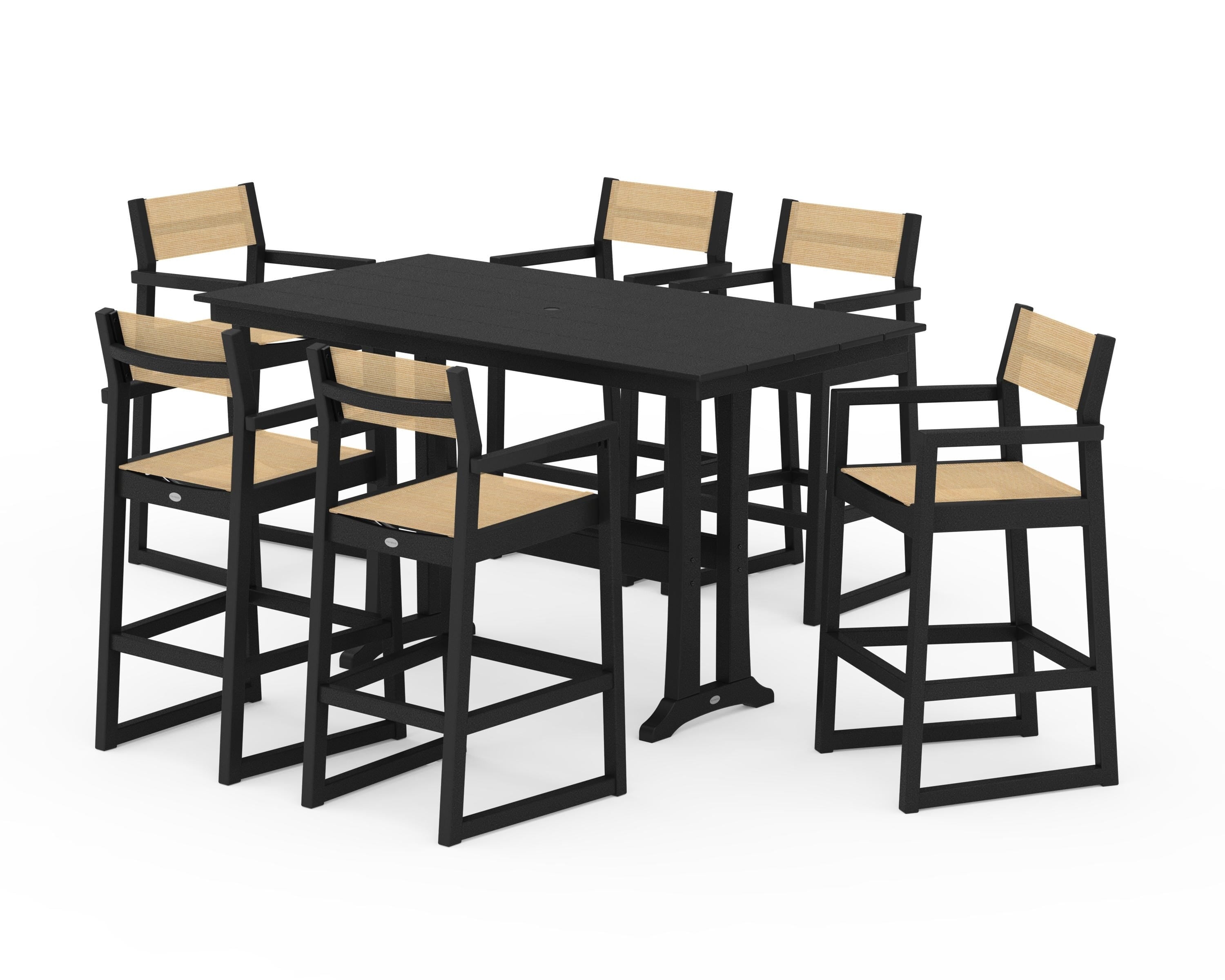 POLYWOOD EDGE Sling Arm Chair 7-Piece Farmhouse Bar Set with Trestle Legs in Black / Dupioni Apricot Sling