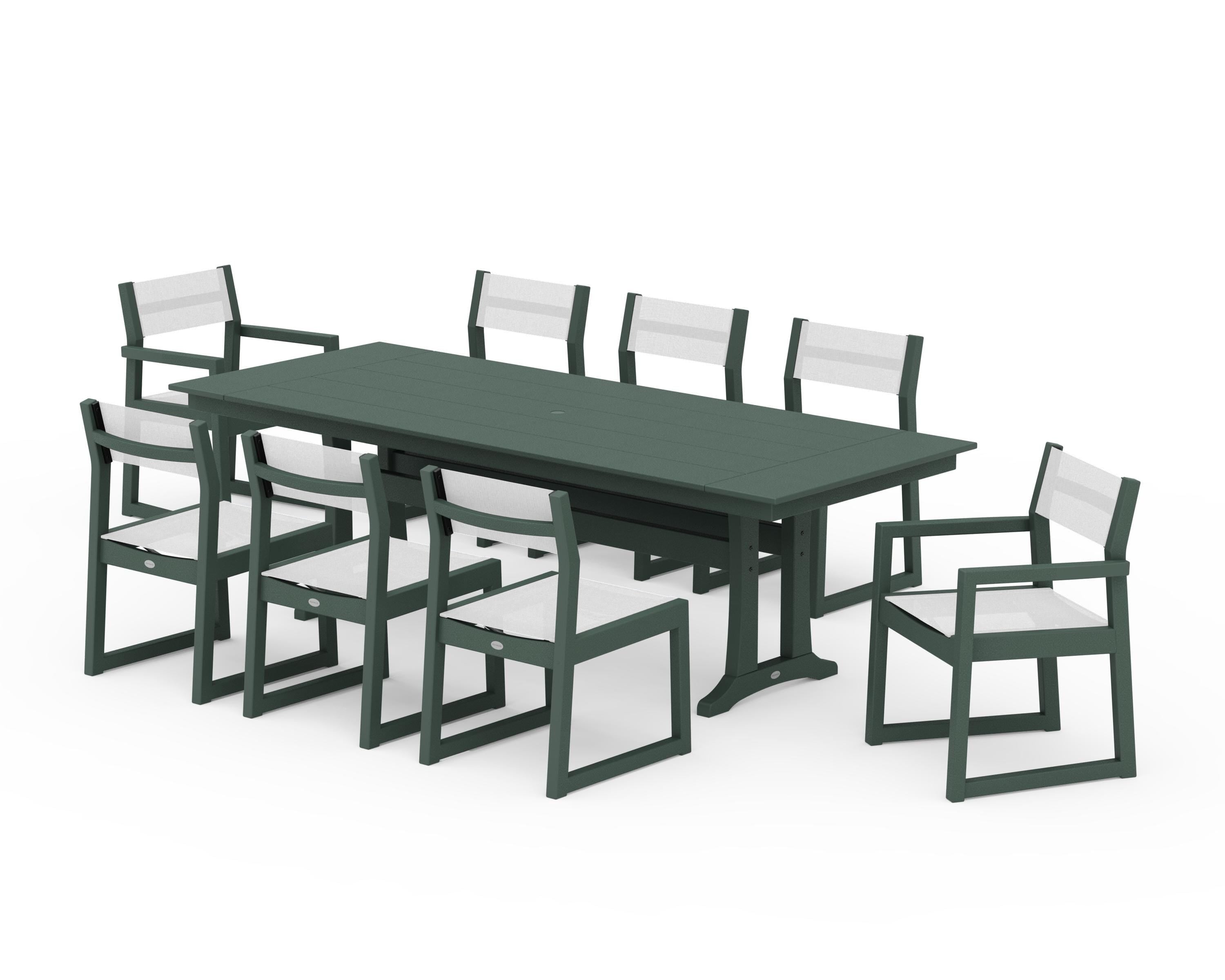 POLYWOOD EDGE Sling 9-Piece Farmhouse Trestle Dining Set in Green / White Sling